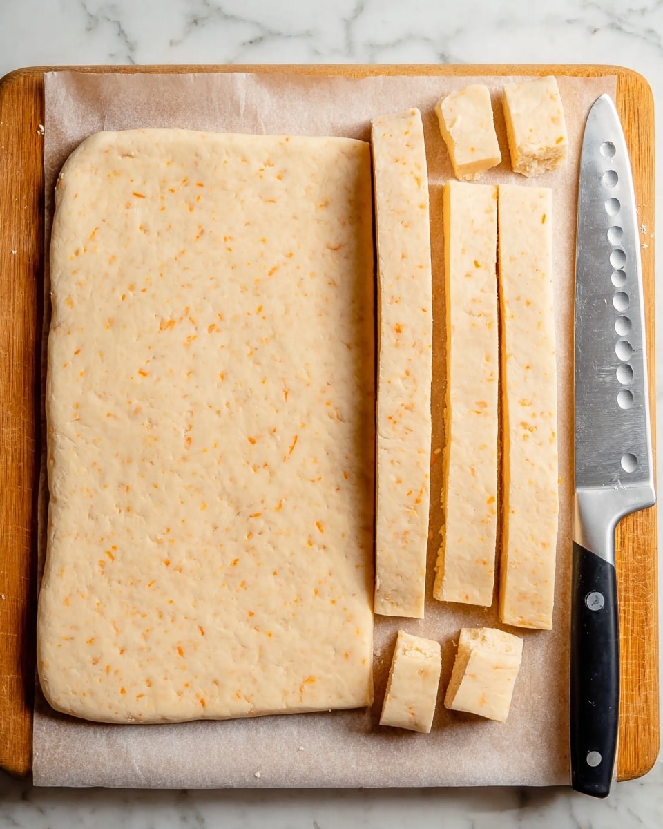 A light beige square sheet of dough with tiny orange specks is laid flat on parchment paper over a wooden board. The dough is smooth with rounded edges and is partially sliced into three sections on the right side. The first sliced section is a long strip, while the next part is cut into small rectangular pieces. A silver knife with holes in the blade and a black handle rests on the right side of the board. The image is shot from above on a white marbled textured surface. photo taken with an iphone --ar 4:5 --v 7