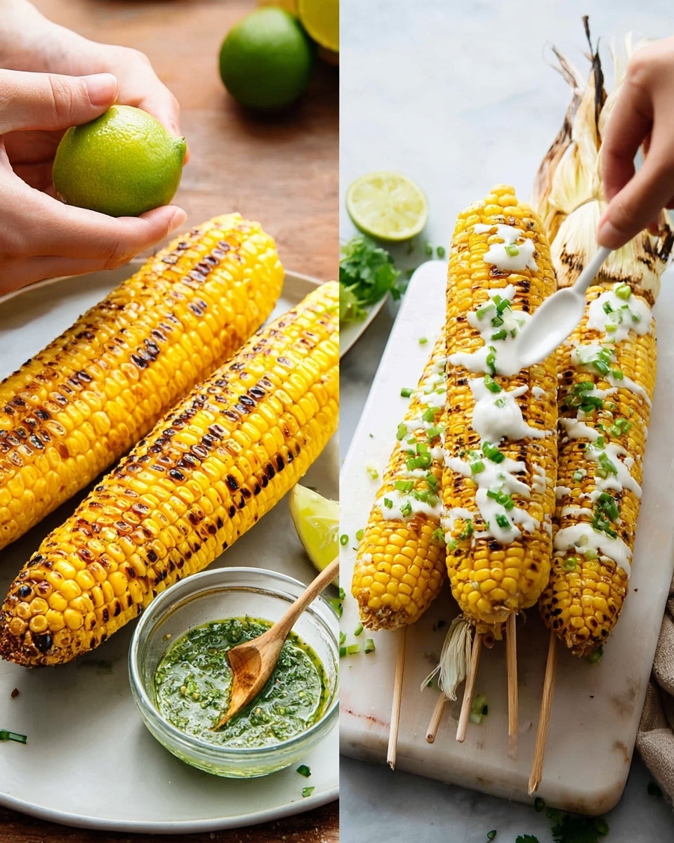 Three corn on the cob pieces are placed side by side on a white plate. Each cob has three main layers: the yellow corn kernels at the base, a layer of white creamy sauce spread unevenly over the kernels, and a top crumbly golden-brown coating sprinkled evenly over the cream. Small green herb bits are scattered on the crumb layer, adding extra color. The tips of the cobs reveal some slight charring, and one end has a wooden stick inserted for easy holding. The background is a white marbled surface. Photo taken with an iphone --ar 4:5 --v 7