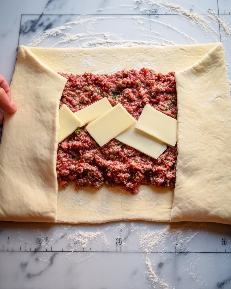 The image shows a raw pastry dough laid flat on a white marbled surface with measurement markings. The dough forms a rough square shape with two opposite sides partially folded toward the center. Inside the dough, there is a layer of ground meat mixed with small bits of green herb, deeply red and slightly chunky, spread in a rectangular shape covering most of the center. On top of the meat, several pieces of light yellow cheese slices are placed unevenly. The edges of the dough still remain unfolded on two sides, giving a sense that it is being prepared to fold over the filling. A woman's hand is not visible but implied in the act of folding. Photo taken with an iphone --ar 4:5 --v 7