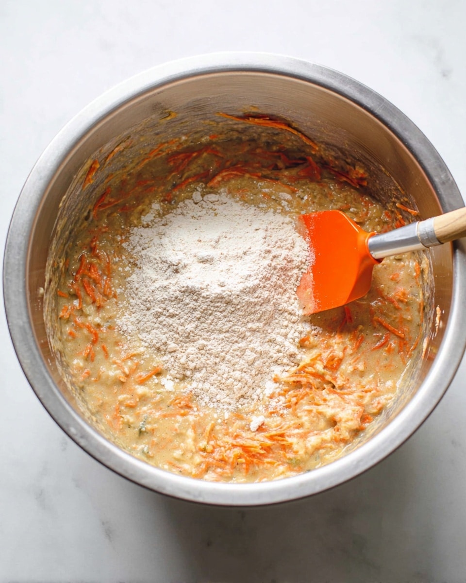 A steel mixing bowl holds a thick batter with visible orange shredded carrot pieces mixed in a light brown, wet base. On top, there's a pile of dry light beige flour waiting to be stirred in. An orange spatula with a silver handle is partially dipped into the flour and batter on the right side of the bowl. The bowl sits on a white marbled surface. photo taken with an iphone --ar 4:5 --v 7