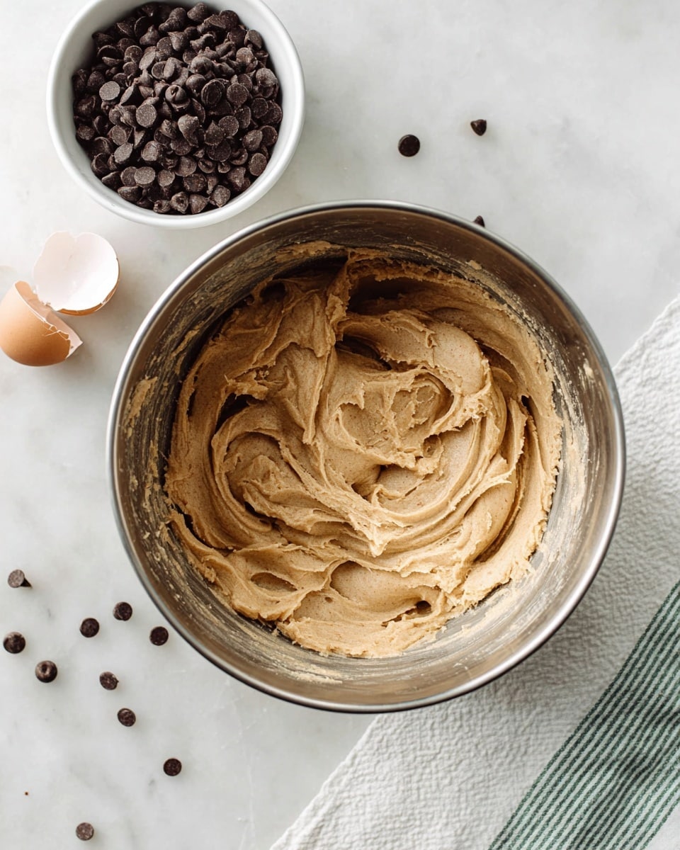 A top view of a large silver mixing bowl filled with smooth, light brown cookie dough that has soft swirls and folds on its surface. To the top left, there is a small white bowl packed full of dark brown chocolate chips. Beside the bowl, there is a white eggshell broken in half with some scattered chocolate chips nearby. The whole scene is set on a white marbled surface with a white and green striped cloth partially visible on the bottom right. photo taken with an iphone --ar 4:5 --v 7