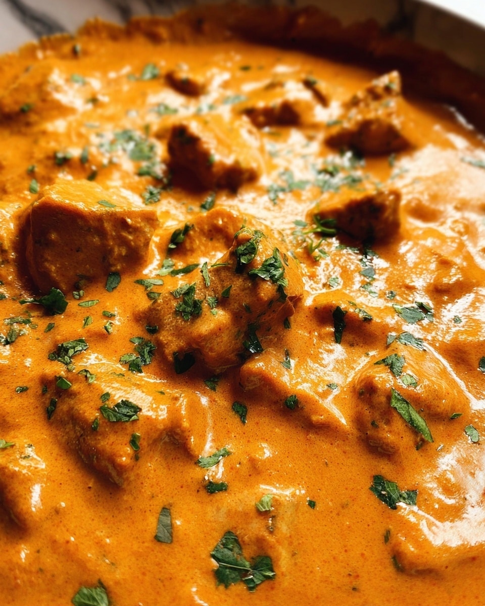 A close-up view of a creamy orange dish with several chunks of light brown meat spread evenly in a thick, smooth sauce. The sauce looks rich and velvety with a shiny texture, and small bits of green herbs scattered on top add a fresh contrast. The background shows a white marbled texture. photo taken with an iphone --ar 4:5 --v 7