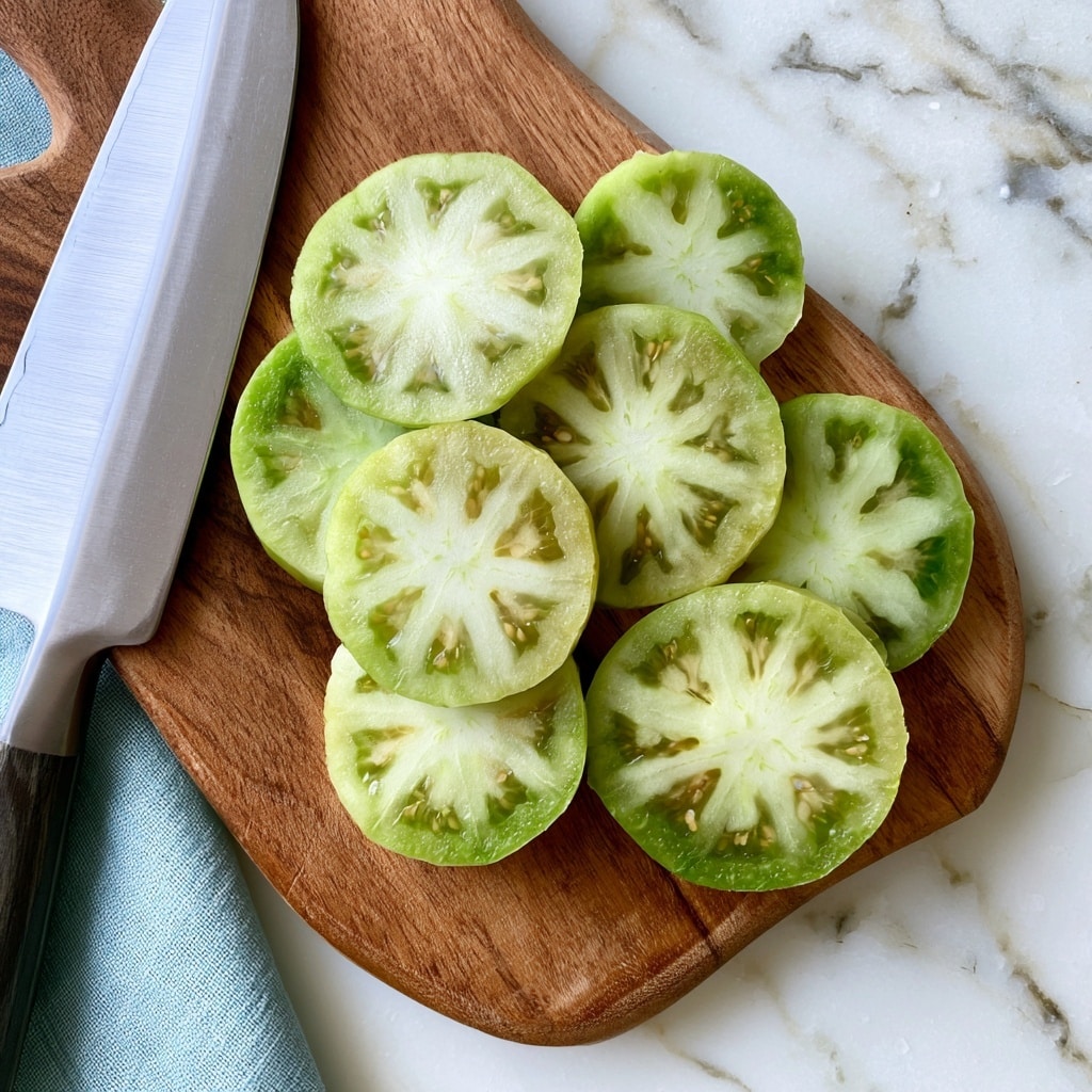 The image shows a wooden cutting board on a white marbled surface with several green tomato slices arranged on it. The tomato slices are round with pale green and white star-like centers and different shades of green on the outer edges. There is a large knife with a silver blade and dark handle resting on the left side of the cutting board. A light blue cloth is partially visible under the board on the left side. The overall color contrast is between the green tomatoes, the wooden board, and the white marbled background. photo taken with an iphone --ar 4:5 --v 7