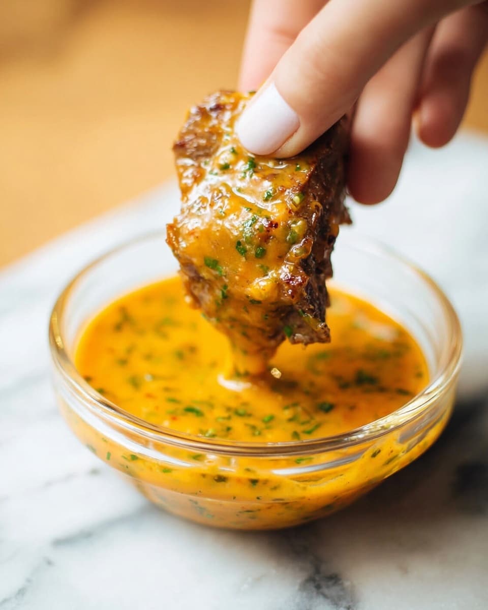 A close-up image of a piece of cooked meat being held by a woman's hand, dipped into a thick orange sauce with green herb flakes inside, held in a clear glass bowl. The meat has a lightly browned, textured surface. The background features a white marbled texture with soft lighting creating a warm atmosphere. photo taken with an iphone --ar 4:5 --v 7