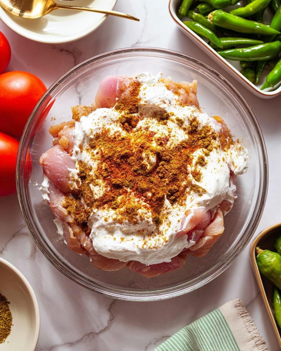 A clear glass mixing bowl is filled with raw pink pieces of chicken layered at the bottom, topped unevenly with a large dollop of white yogurt or cream that covers most of the chicken's center. A variety of brown and orange spices are sprinkled thickly on top of the yogurt, creating a textured contrast with small clumps and fine powder falling onto the meat. Around the bowl, on a white marbled surface, are vibrant red tomatoes on the left, a white bowl with a gold spoon in the top left corner, and rectangular white dishes filled with green chili peppers and green eggplants placed on the upper right side, along with a white and light green striped cloth on the bottom right corner photo taken with an iphone --ar 4:5 --v 7