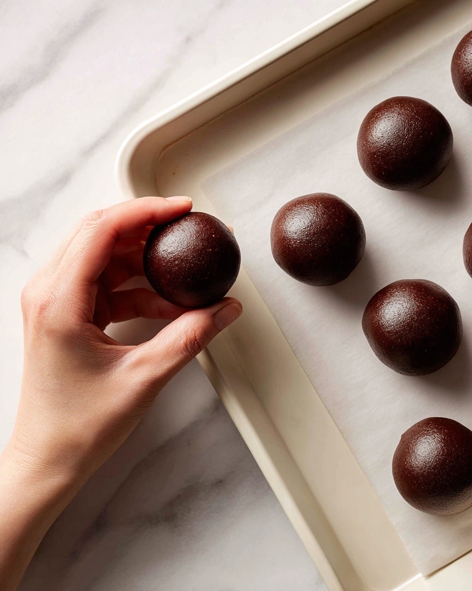 In the left part of the image, a close-up shows a woman's hand shaping a smooth, dark brown dough ball with a slightly shiny surface. The right part of the image shows five evenly spaced, round dark brown dough balls placed on a white baking tray lined with pale parchment paper. The dough balls are consistent in size and have a slightly textured surface. The background features a white marbled texture. Photo taken with an iphone --ar 4:5 --v 7