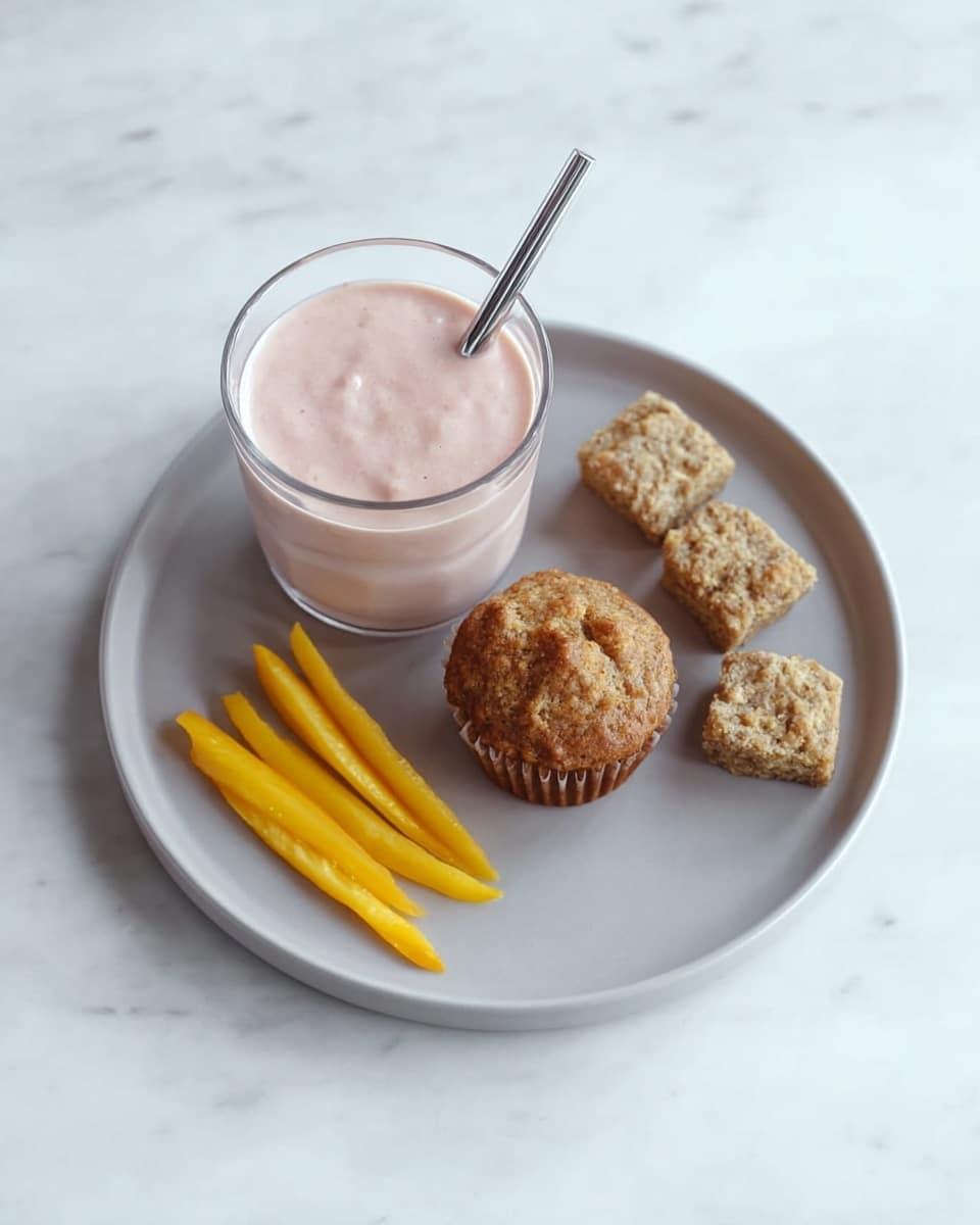 A round white plate sits on a white marbled surface. On the plate, there is a clear glass filled with a light pink smoothie, and a silver straw is placed inside the glass. Next to the glass is a small, round, light brown muffin with a crumbly texture. To the right of the muffin, four small square pieces of a similar light brown baked item are arranged. On the bottom left of the plate, there are five thin, bright yellow strips placed neatly in a row. photo taken with an iphone --ar 4:5 --v 7