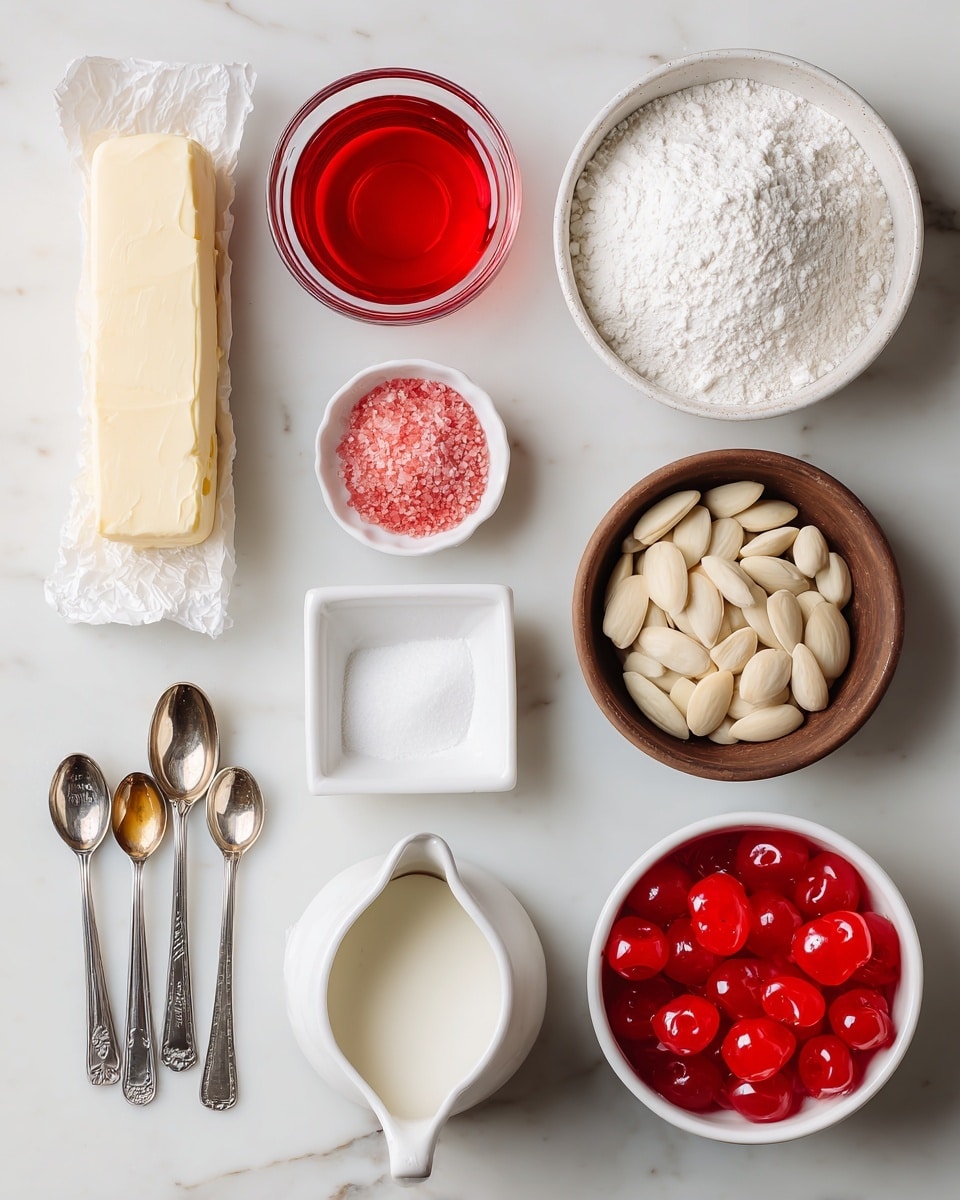 The image shows various baking ingredients neatly arranged on a white marbled surface. There are two sticks of butter wrapped in paper at the top left, a small glass bowl of bright red maraschino cherry juice near the center top, and a round brown bowl filled with white powdered sugar at the top right. Below these, there is a small white bowl with tiny red decorating sugar and a white square bowl full of all-purpose flour. In the middle, three metal measuring spoons hold almond extract, vanilla extract, and salt, positioned horizontally. A small white jug contains milk, sitting next to a round brown bowl filled with silvered almonds. At the bottom right, a white round bowl holds shiny red maraschino cherries. The layout is clean and bright, with all items spaced evenly on the smooth white marbled surface. Photo taken with an iphone --ar 4:5 --v 7
