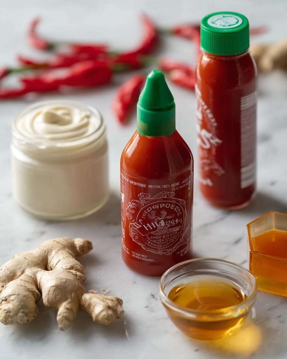 The image shows several items arranged on a white marbled surface. There is a horizontal bottle of red sriracha sauce with a green cap in the center foreground. Behind it, a standing bottle of similar red sauce with a green cap is placed upright. On the left side, there is a white jar with creamy white mayo visible on top, along with several red chili peppers spread out, some partially blurred in the background. In the bottom left corner, there is a cluster of light beige ginger roots. In the front right, a small clear glass bowl holds golden honey, and beside it, a small hexagonal jar contains more honey or syrup. Photo taken with an iphone --ar 4:5 --v 7