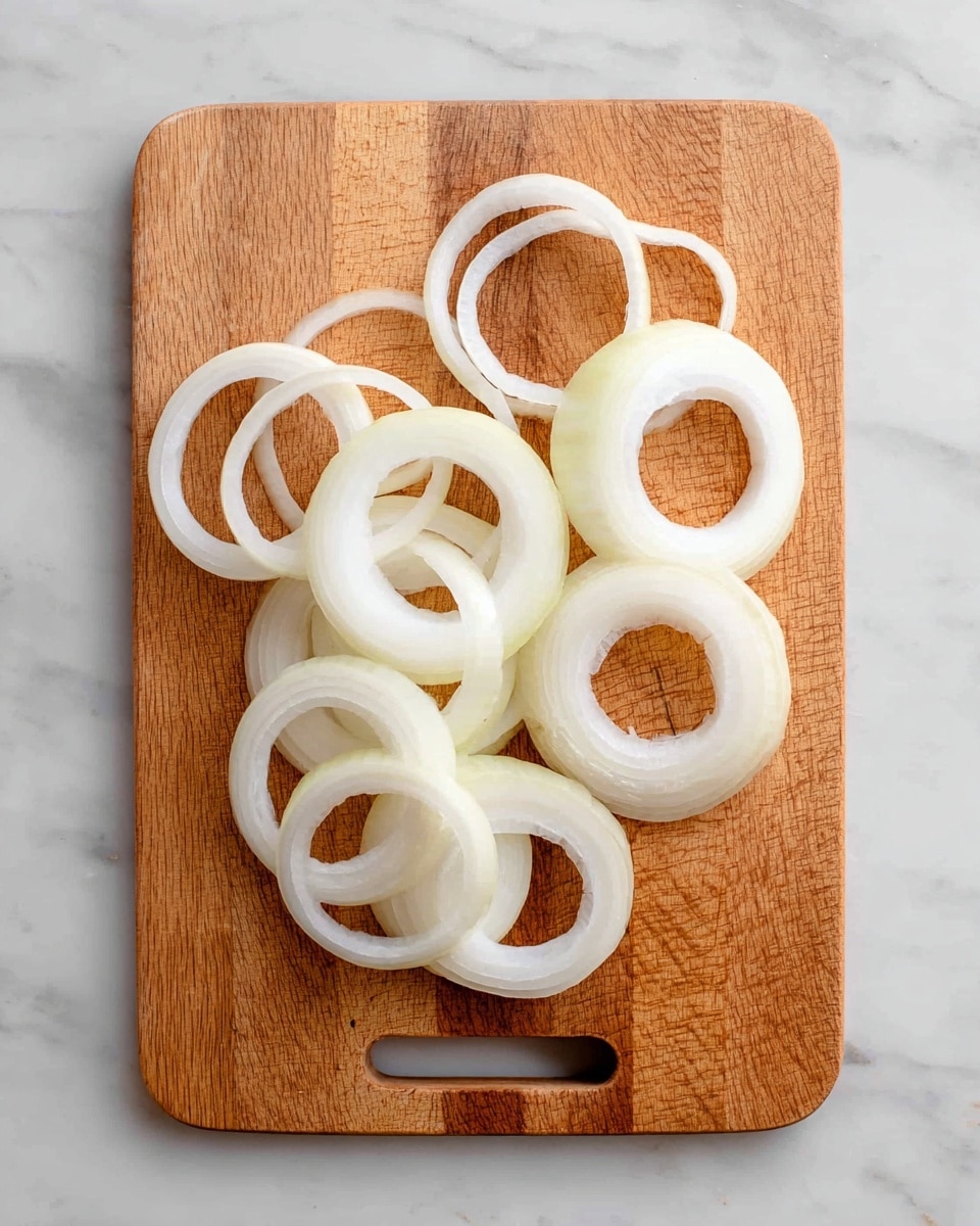 A wooden cutting board is placed on a white marbled surface and holds several white onion rings spread out in a random order. The onion rings vary in size and thickness, showing the smooth, slightly shiny texture and natural layers of the onions. The light reflects softly on the white rings and the warm brown tones of the wooden board. The board has a rectangular shape with a small handle cut out on the right side. photo taken with an iphone --ar 4:5 --v 7