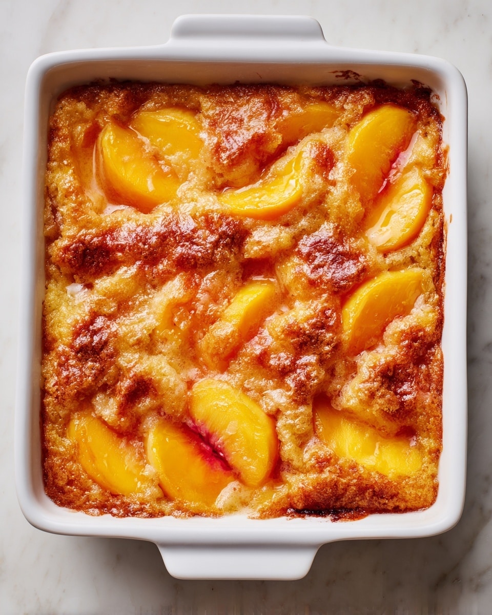 A square white baking dish filled with a baked peach cobbler sits on a black cooking surface. The cobbler has a golden-brown crust with a rough, crumbly texture that covers most of the surface. Scattered in between are visible slices of soft, orange peaches peeking through the crust. The edges of the crust appear slightly darker and crispy, while the center has a mix of peaches and dough that looks moist and tender. The overall dish looks warm and inviting, with a rustic, homemade feel. Photo taken with an iphone --ar 4:5 --v 7
