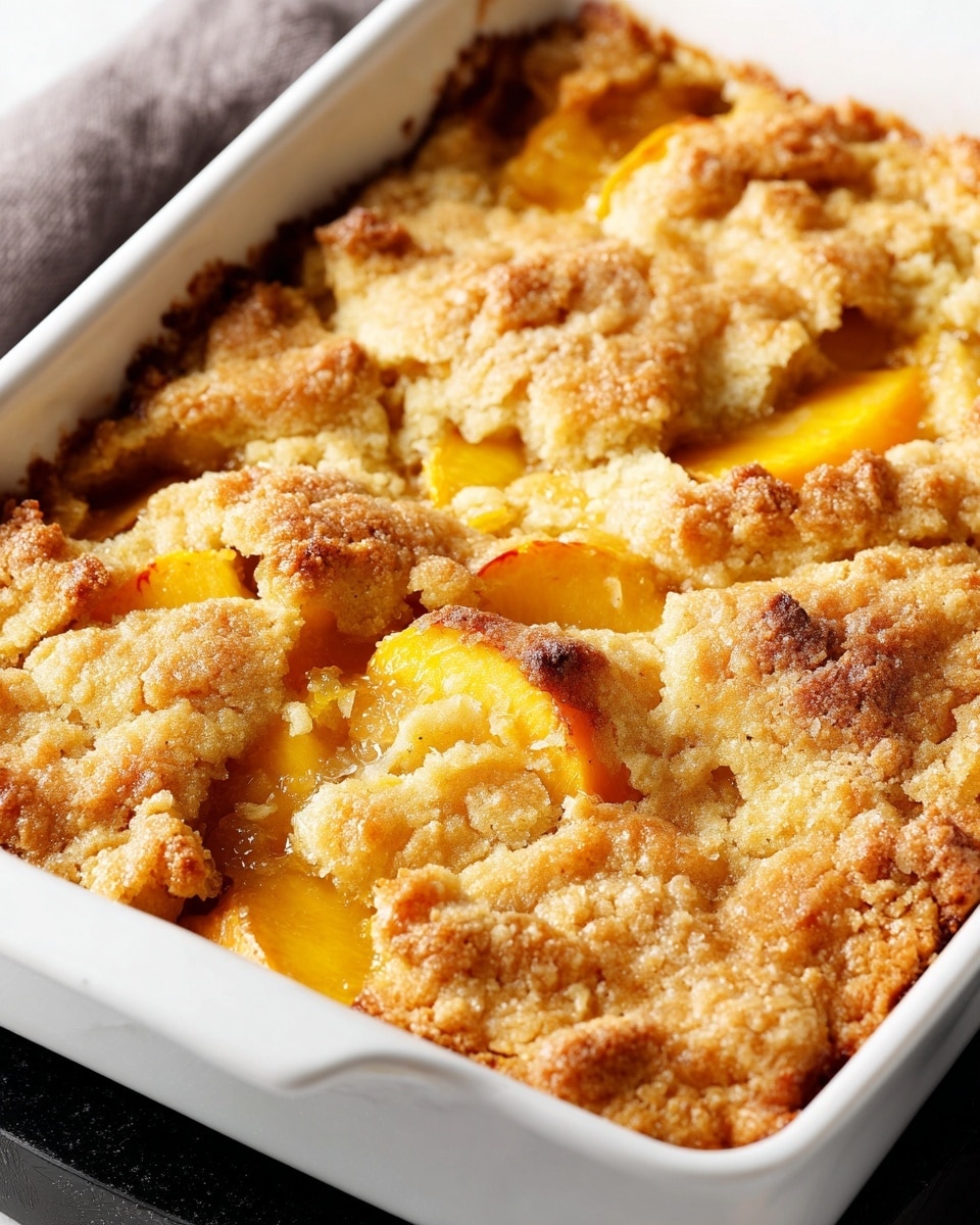 A square white baking dish filled with a peach cobbler, showing about two layers: the bottom layer consists of soft, bright orange peach slices that appear juicy and tender, while the top layer is a golden-brown baked dough with a slightly rough and uneven texture covering the peaches in patches. The dough has bubbled up in places, creating a bumpy surface with some areas darker and caramelized around the edges. The dish rests on a white marbled surface. Photo taken with an iphone --ar 4:5 --v 7