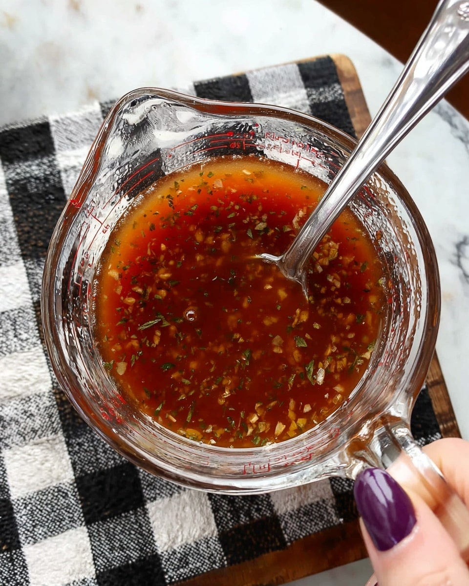 A clear glass measuring cup filled with a reddish-brown liquid sauce mixed with small bits of green herbs and finely chopped ingredients. A silver spoon stands inside the cup, slightly leaning to the right. The measuring cup sits on a black and white checkered board which is placed on a white marbled surface. A woman's hand with purple nail polish is holding the top right edge of the board. Photo taken with an iphone --ar 4:5 --v 7