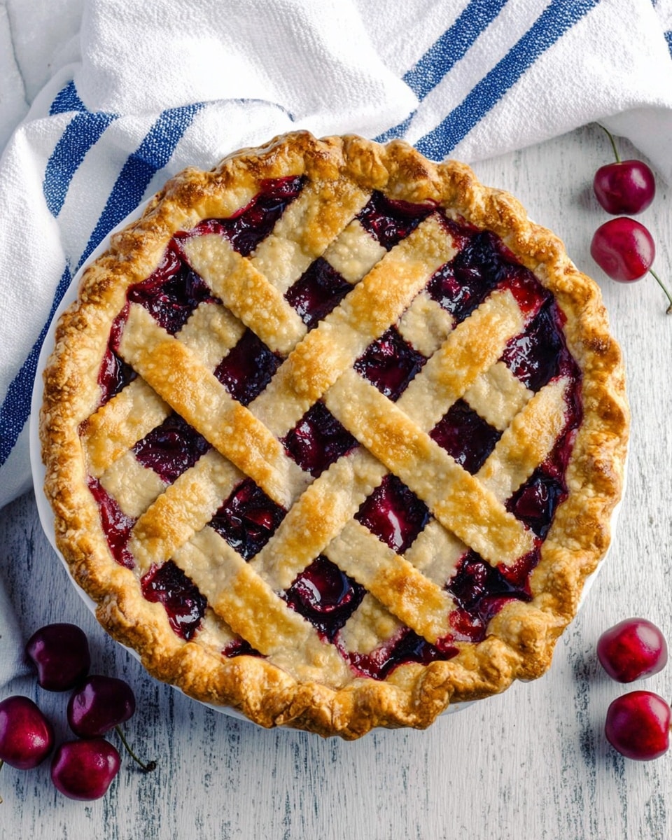 A round cherry pie with a golden lattice crust on top, showing dark red cherry filling through the crisscrossing strips. The crust edges are thick and crimped, giving a textured border around the pie. It sits on a white plate on a white marbled surface, with a few fresh cherries scattered nearby. A white towel with blue stripes is partially draped near the pie. Photo taken with an iphone --ar 4:5 --v 7