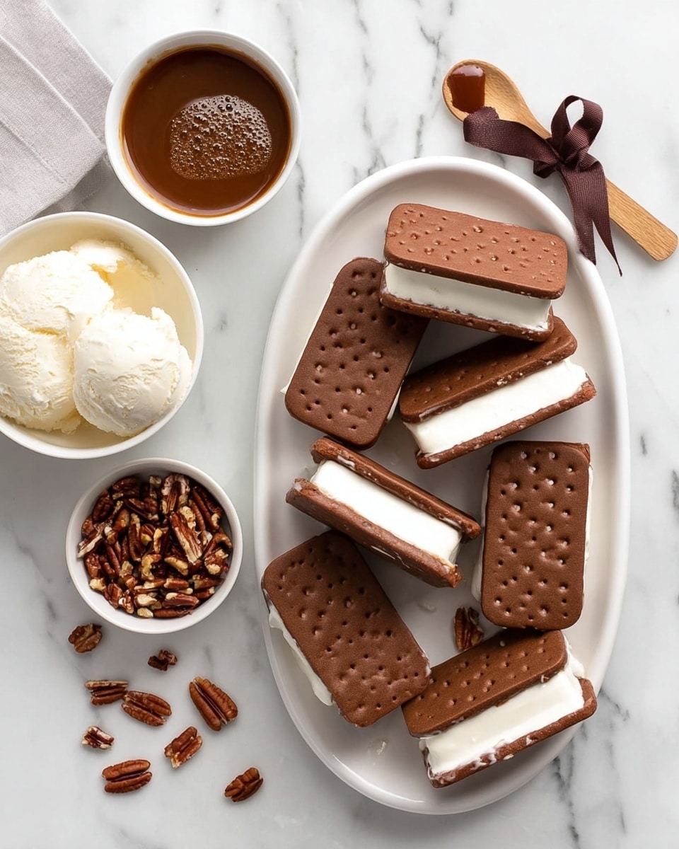The image shows a white oval plate with seven rectangular ice cream sandwiches stacked in a loose pile, each sandwich having two dark brown chocolate biscuit layers with small holes and a thick white ice cream layer in the middle. To the left of the plate, there are three small white bowls on a white marbled surface: the top bowl is filled with smooth white whipped cream, the middle bowl holds a dark brown caramel sauce with some bubbles on top, and the bottom bowl contains chopped pecans with some pieces scattered nearby. A woman's hand is holding a chocolate ribbon bow placed among the ice cream sandwiches. Photo taken with an iphone --ar 4:5 --v 7