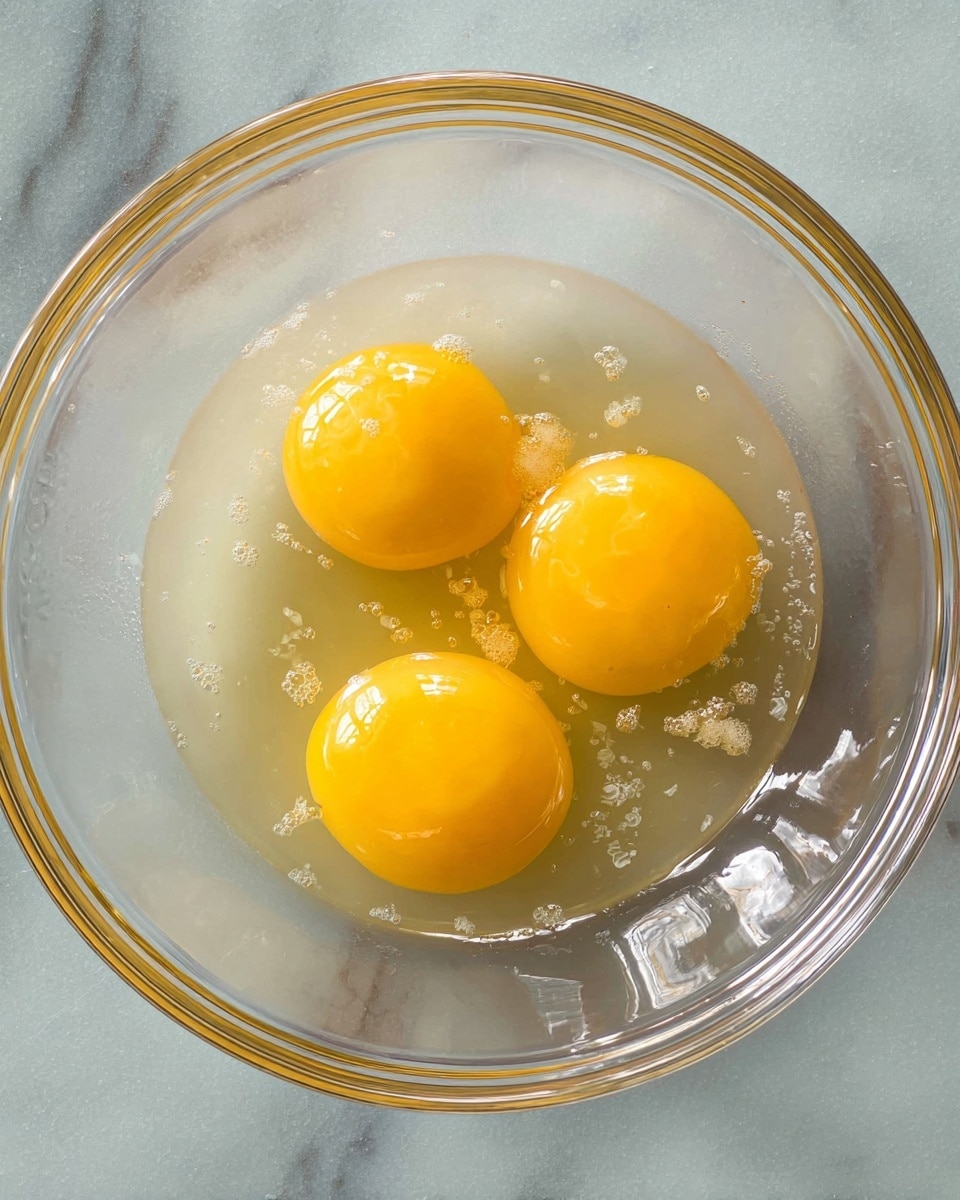 A clear glass bowl with three bright yellow egg yolks floating in the translucent egg whites, positioned evenly inside the bowl on top of a white marbled surface. The yolks are round and glossy, with small bubbles and bits of egg white scattered around them in the mixture. The bowl itself is smooth and shiny, showing faint reflections of light and shape on its curved sides. photo taken with an iphone --ar 4:5 --v 7