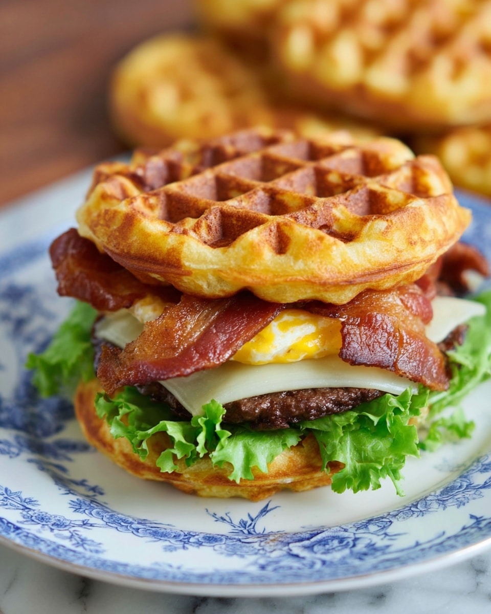 A close-up view of a sandwich with two golden brown waffle pieces used as the top and bottom layers, showing a crisp texture with grid patterns. Under the top waffle layer, there are two crispy strips of bacon with a reddish-brown color. Below that, two types of melted cheese, one white and one yellow, cover a dark brown grilled beef patty. Under the patty, fresh green leaf lettuce adds color and texture. The sandwich is placed on a white plate with blue floral designs, sitting on a white marbled surface. In the background, more golden brown waffle pieces are slightly out of focus. Photo taken with an iphone --ar 4:5 --v 7
