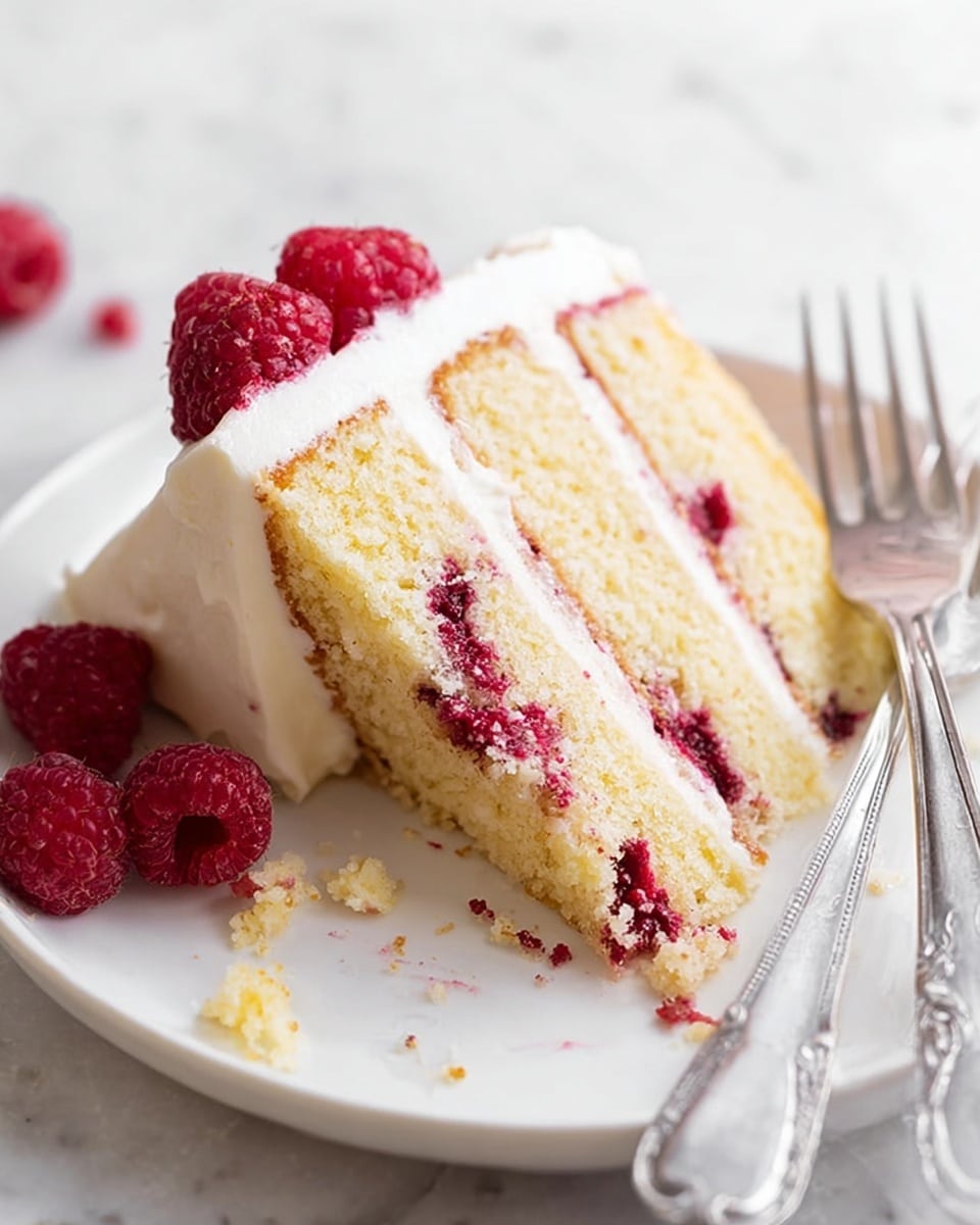 The image shows a slice of two-layer cake on a white plate with some raspberries next to it. The cake has a thick layer of white frosting on top and between the two layers. The cake layers are light yellow and soft, with whole raspberries tucked inside between the layers, making spots of deep red color. There are also some crumbs scattered on the plate, and two silver forks lie side by side near the cake slice. The background is a white marbled texture. photo taken with an iphone --ar 4:5 --v 7