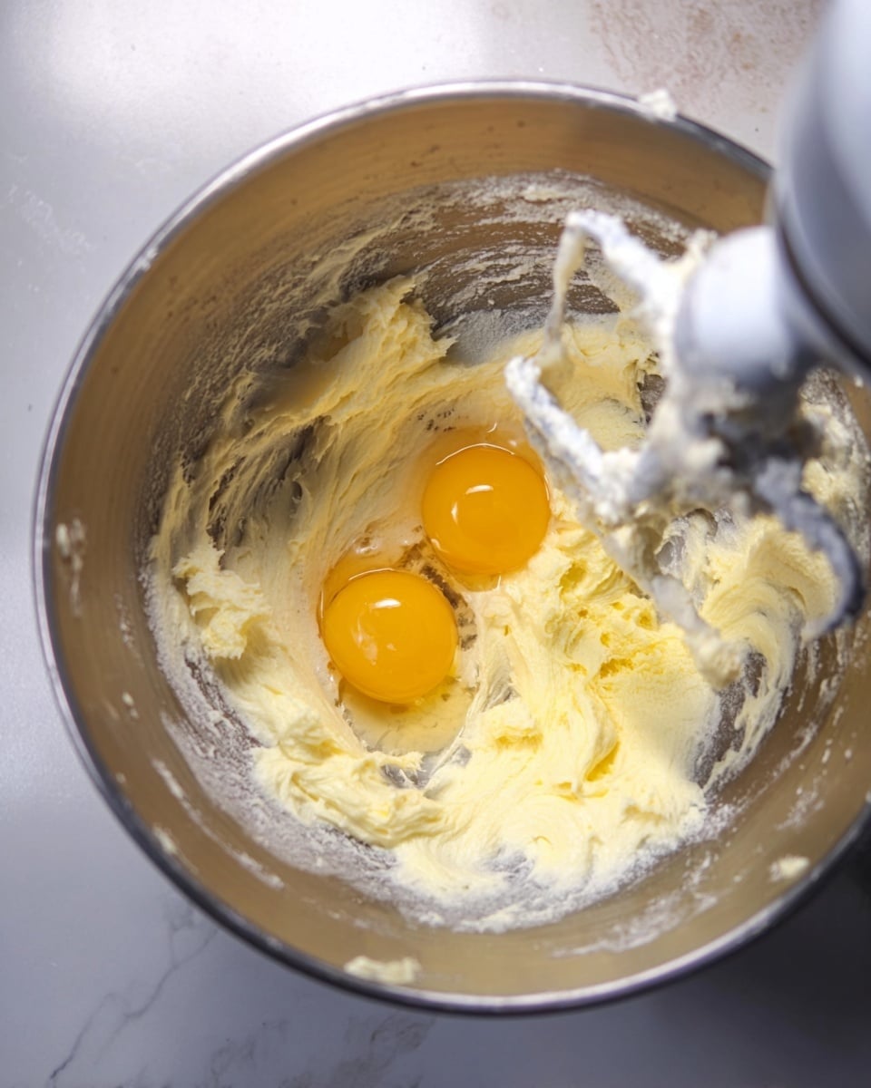 The image shows a shiny silver metal bowl containing a soft, creamy mixture of pale yellow and white textures. Two bright yellow egg yolks sit on top of this creamy base, slightly separated but close together near the center. Around the edges of the bowl, a white hand mixer attachment is visible, partly coated with the same creamy mixture. The bowl rests on a white marbled surface that reflects light softly. photo taken with an iphone --ar 4:5 --v 7