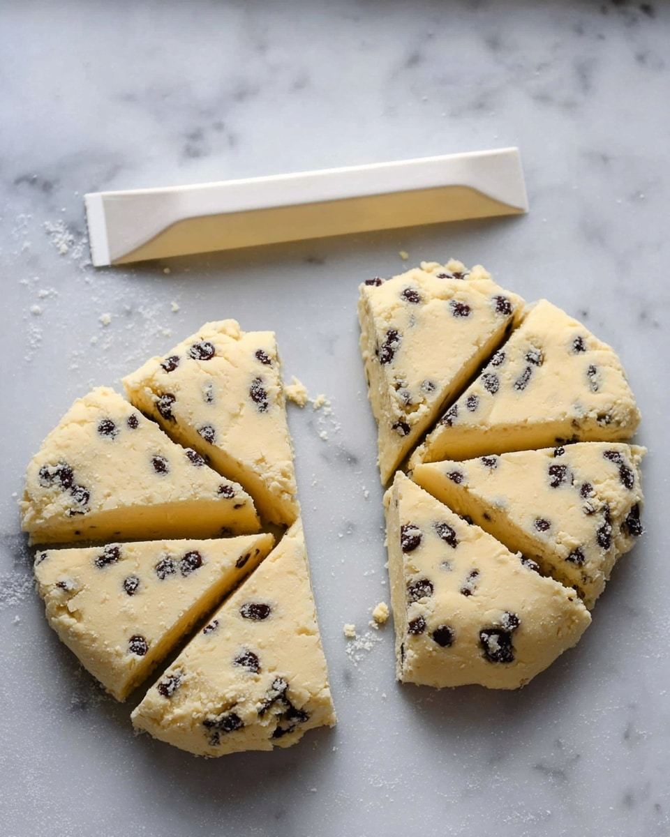 The image shows two round dough pieces on a white marbled surface, each divided into six triangular sections. The dough is creamy yellow with small dark chocolate chips scattered throughout. Above the dough is a white dough scraper resting on the surface. The texture of the dough appears soft and slightly crumbly. photo taken with an iphone --ar 4:5 --v 7