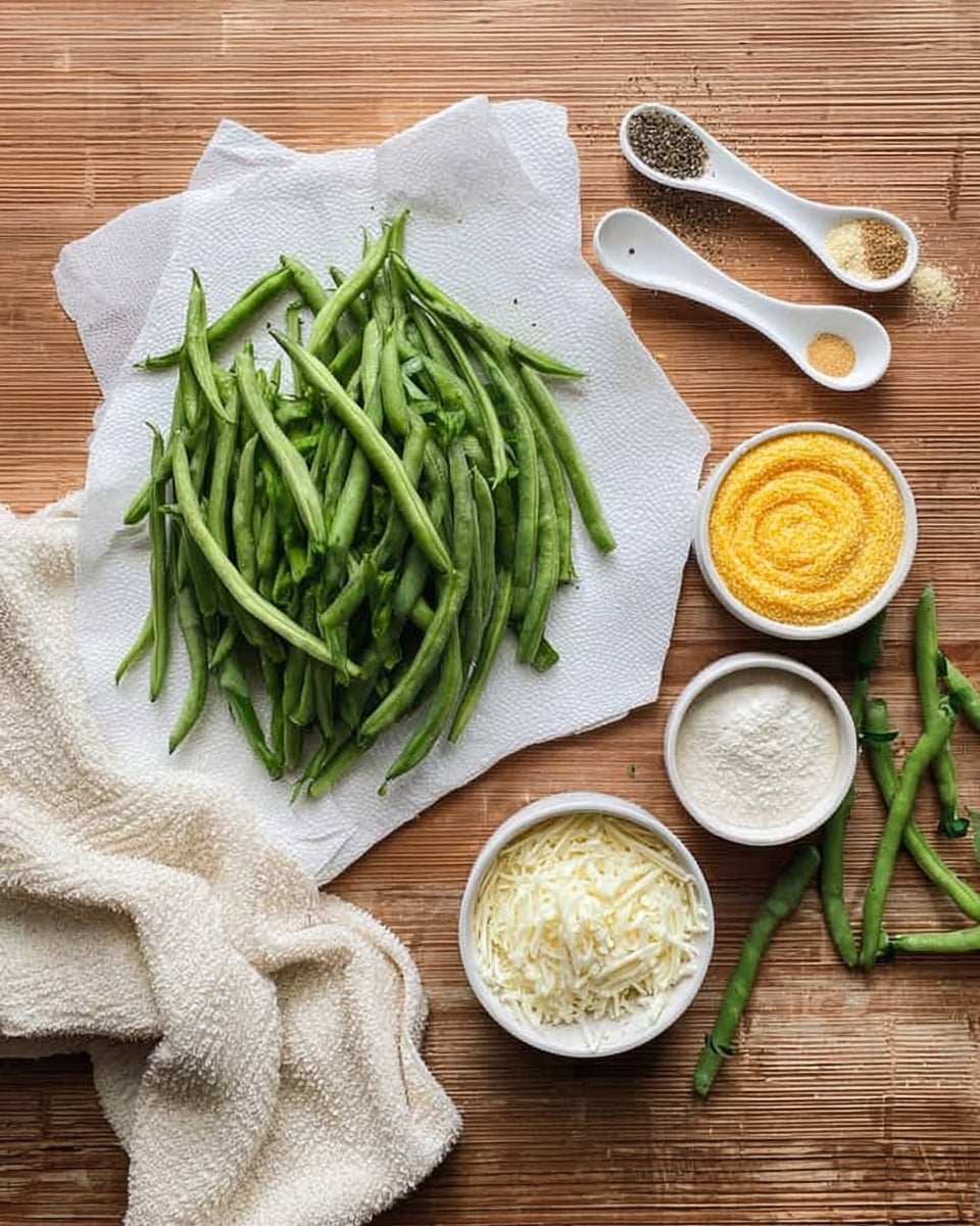 A white paper towel lies flat on a wooden surface, holding a pile of fresh green beans arranged loosely in the center. On the right side, there are three round small white bowls, each filled with different ingredients: the top bowl contains yellow cornmeal with a spiral pattern, the middle bowl holds white shredded cheese, and the bottom bowl has white flour. To the left, a piece of cream-colored textured cloth is partially visible next to two white ceramic spoons; one spoon holds a light brown powder, and the other spoon carries black pepper. Some green beans and their stems are scattered around the cloth. The photo is taken with an iphone --ar 4:5 --v 7