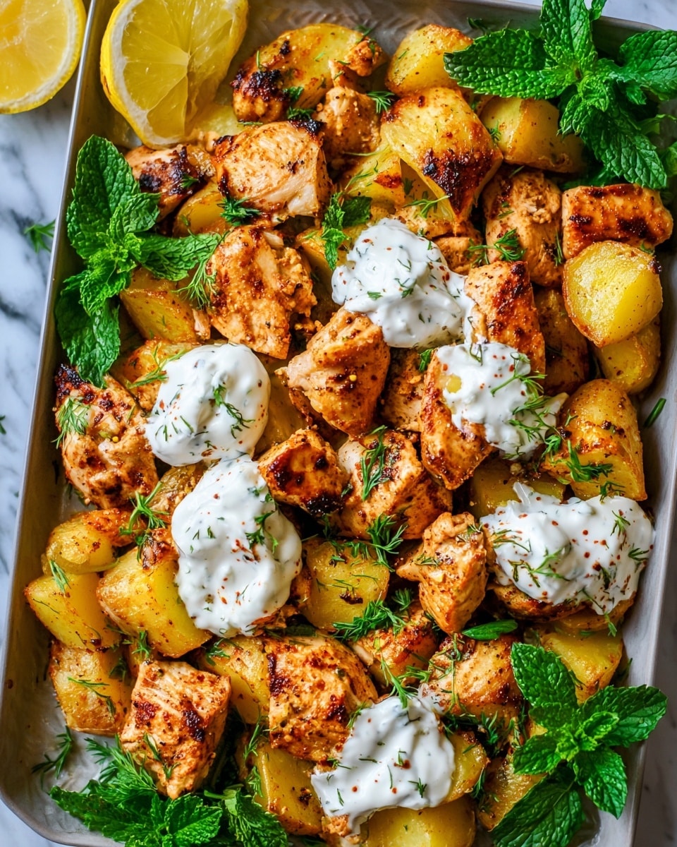 The image shows a tray filled with chunks of cooked chicken and golden roasted potatoes, each piece having a slightly crispy, browned surface with visible seasoning specks. There are several dollops of white creamy sauce placed on top of both the chicken and potatoes, adding a smooth texture contrast. Fresh green herbs, including sprigs of parsley and mint, are scattered around the dish for a pop of color. In the top left corner, a partially visible lemon slice adds a bright yellow detail. The tray sits on a white marbled surface. photo taken with an iphone --ar 4:5 --v 7