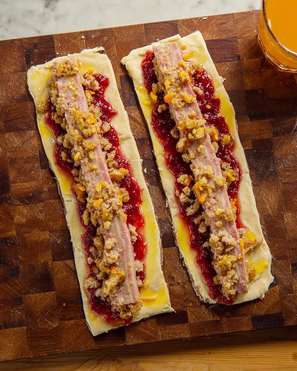 Two long, flat, uneven rectangles of light beige dough lie side by side on a dark wooden cutting board with a checkered grain pattern. Each dough piece has a thick red layer of jam spread in the middle lengthwise. On top of the jam, there is a thick, uneven strip of light pink raw sausage mix extending along the center. Scattered unevenly over the sausage are small chunks of golden brown crumble topping with bits of orange. The edges of the dough on each piece have a brushed layer of shiny yellow butter. The background is a white marbled surface with a corner of an orange drink visible in a clear glass at the top right. Photo taken with an iphone --ar 4:5 --v 7