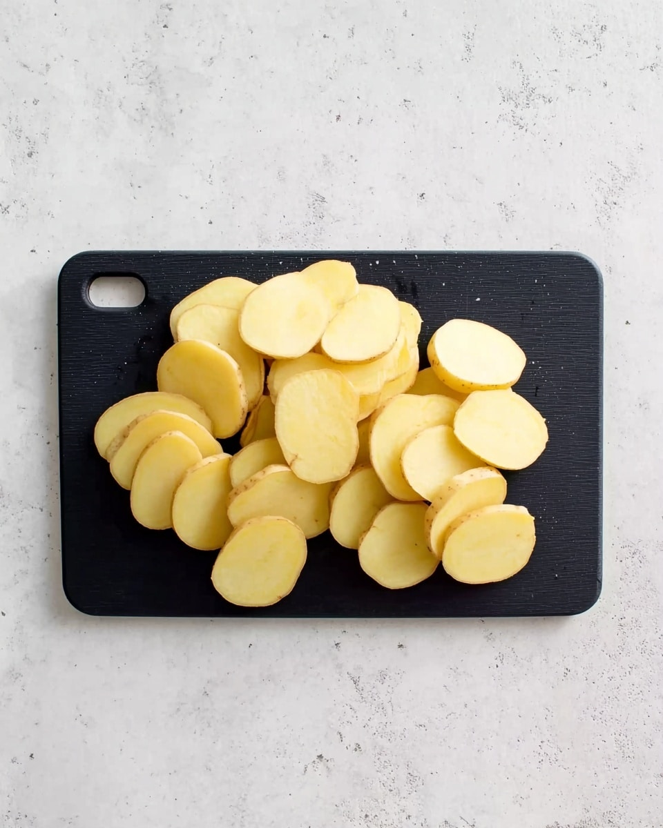 A group of evenly sliced light yellow potato pieces are laid out in two loose rows on a small black rectangular cutting board with rounded edges and a hole on the bottom right corner. The cutting board is placed on a white marbled surface, showing a simple and clean cooking scene. photo taken with an iphone --ar 4:5 --v 7