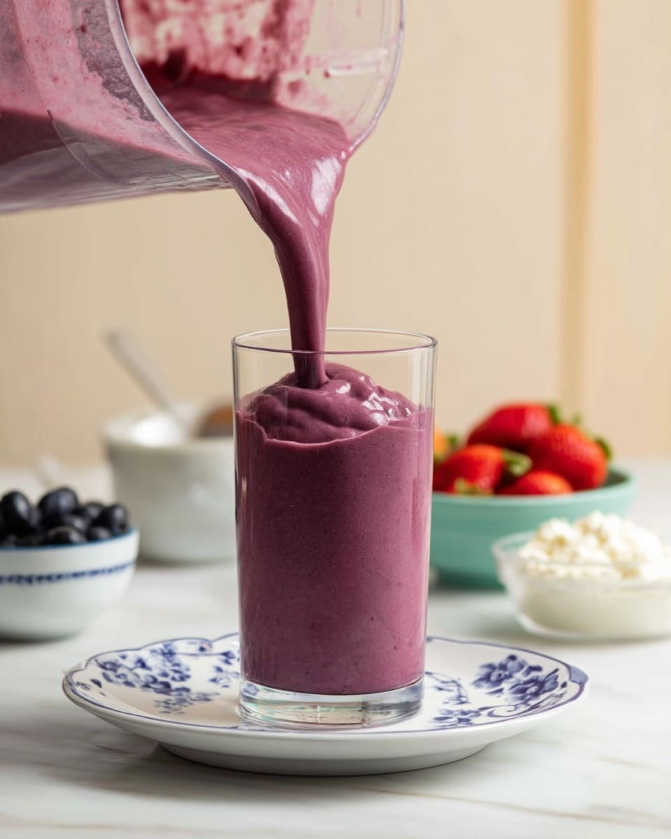 A clear blender container sits open on a white marbled surface, filled with layers of ingredients including frozen mixed berries in dark red and purple shades at the bottom, sprinkled with small black chia seeds, a heap of white creamy yogurt on one side, and a dusting of brown powder on top. Surrounding the blender are small white bowls: one with bright red strawberries, another with dark blue blueberries, and a scalloped bowl filled with black chia seeds. A single fresh strawberry lies near the top right, and a striped light gray cloth is partially visible on the bottom left. Photo taken with an iphone --ar 4:5 --v 7
