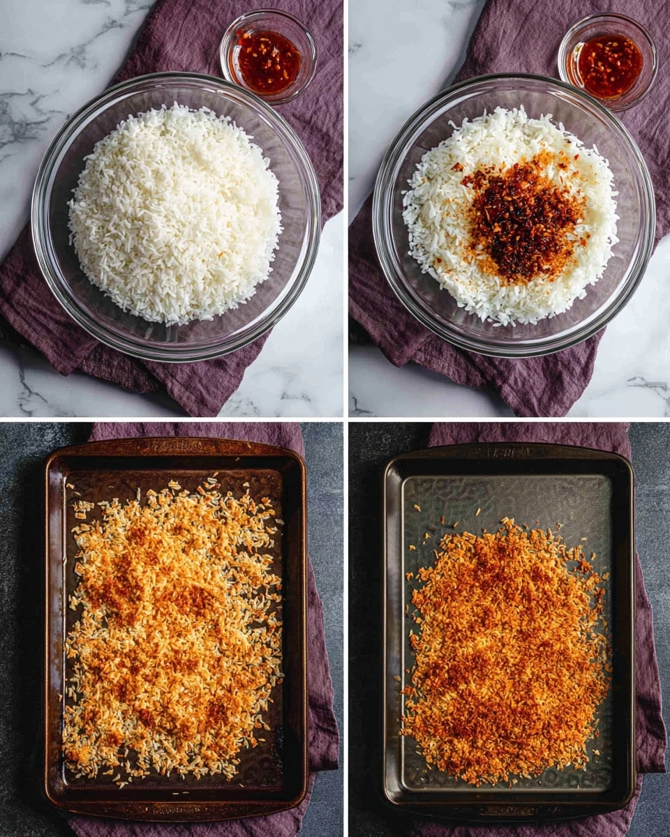 The image shows four steps of making crispy rice flakes. The top-left part has a clear glass bowl filled with white cooked rice placed on a white marbled textured surface set over a purple cloth, with a small glass bowl of red chili sauce on the side. The top-right part shows the same rice in the bowl with a dark reddish-brown spice mixture sprinkled on top. The bottom-left image shows the rice spread out in a thin, uneven layer on a dark baking tray, turning golden brown. The bottom-right image shows the rice now darker and crispier with a deeper reddish-brown color spread on the same tray. Photo taken with an iphone --ar 4:5 --v 7
