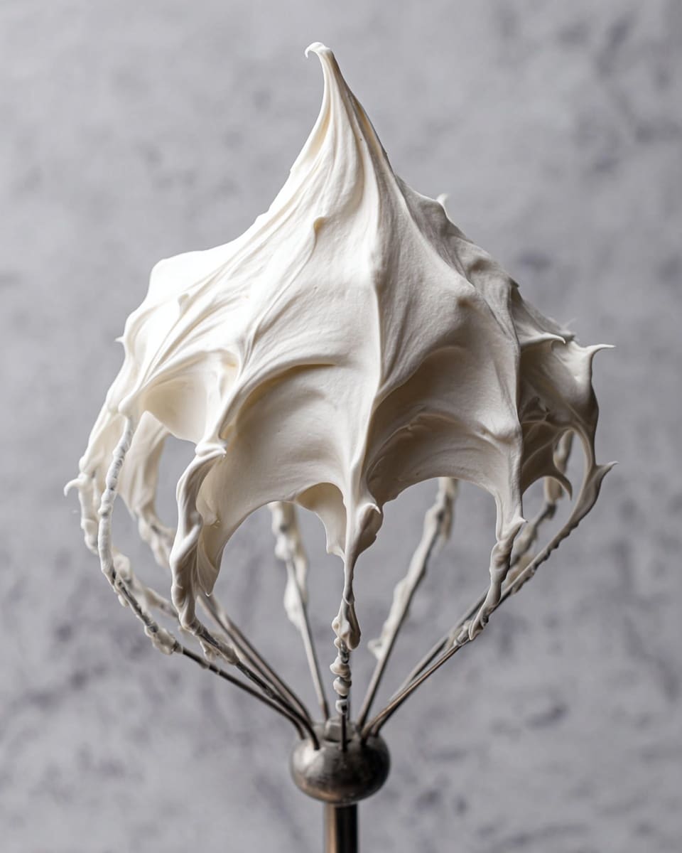 The image shows a shiny metal whisk covered in thick, white whipped cream that forms a large peak at the top with soft, smooth swirls all around. The whipped cream stretches down unevenly between the whisk wires, with some parts hanging loosely like soft drips. The background is a white marbled texture which makes the whipped cream stand out clearly, highlighting its creamy and fluffy texture. The photo taken with an iphone --ar 4:5 --v 7
