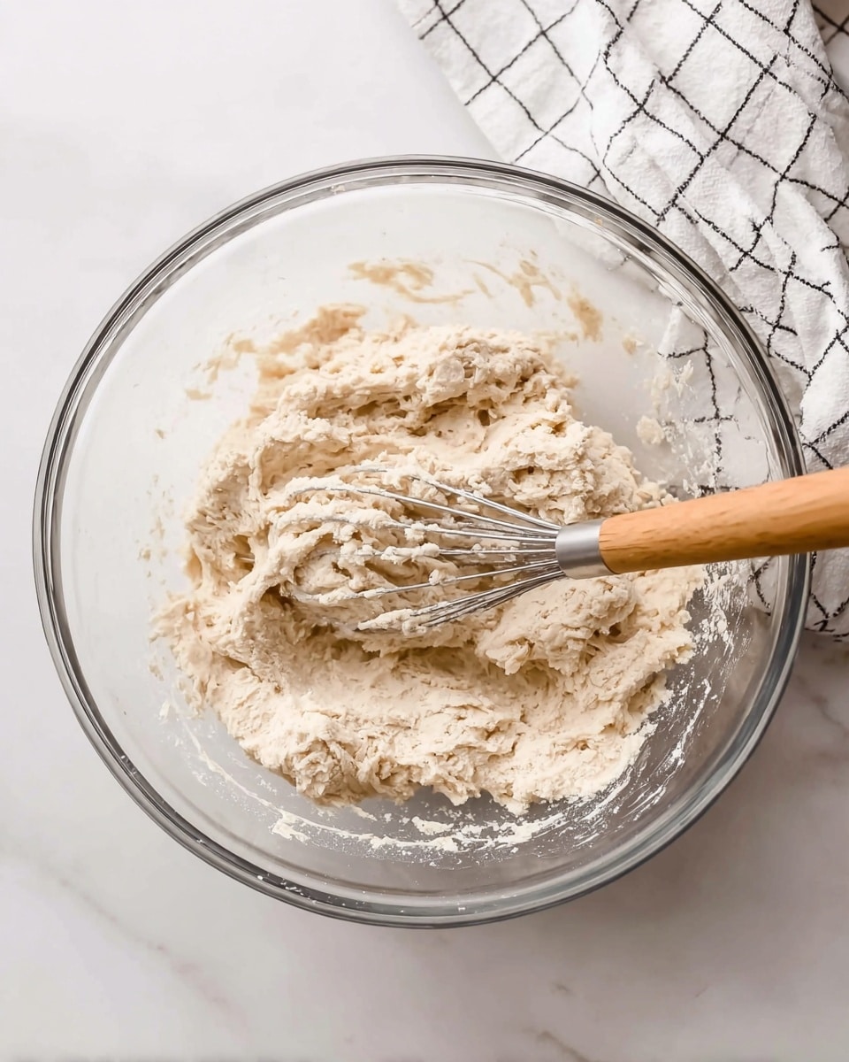 A clear glass mixing bowl sits on a white marbled surface, filled with a light beige, sticky dough that has a rough and uneven texture. A wooden-handled metal dough whisk is partially embedded in the dough, showing strands of flour and mix clinging to its wires. In the background, a white cloth with black checkered lines is casually placed, adding a soft contrast to the scene. The overall look is simple and clean, focusing on the dough mixture in the bowl. photo taken with an iphone --ar 4:5 --v 7