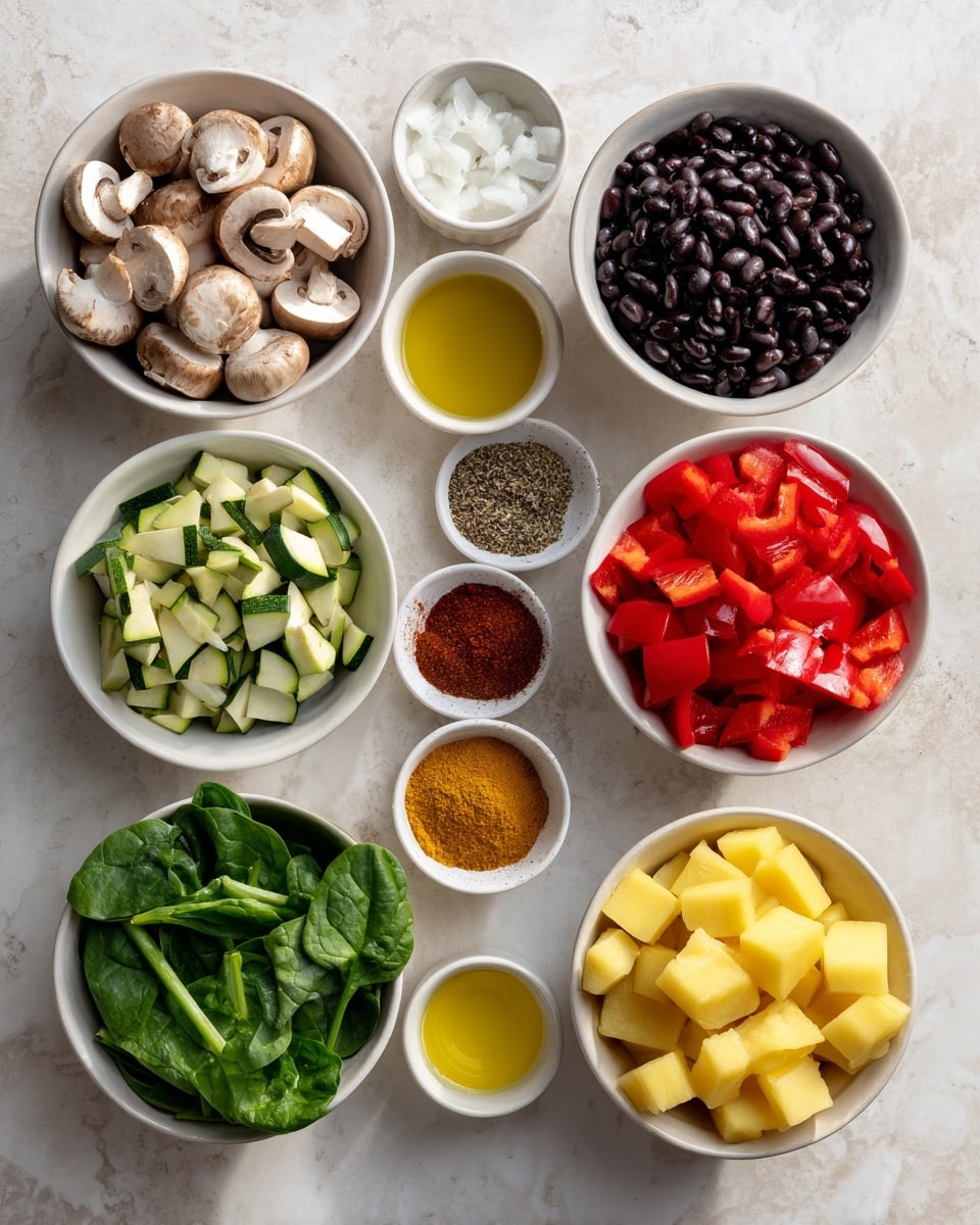 The image shows nine white bowls arranged on a white marbled surface, each containing different ingredients. Starting from the top left, a bowl holds sliced light brown cremini or white mushrooms with smooth and rounded edges. To the right, a bowl is filled with shiny black beans that are small and oval-shaped. Below the mushrooms, a bowl displays five piles of spices in bright red, dark brown, light brown, white, and black colors with powdery textures. Next to it, a bowl of golden yellow olive oil has a smooth, glossy surface. Further right, cut red bell pepper pieces with bright red, slightly glossy skin and a firm texture fill a bowl. At the bottom left, large fresh green baby spinach leaves fill the bowl with a soft texture. To the right of that bowl, small cubes of yellow Yukon gold or red potatoes fill a bowl, showing a firm, matte surface. Above and to the right of the potatoes, chopped yellow onion pieces with a translucent white and slightly glossy appearance fill a bowl. Finally, to the right of the potatoes and below the red bell pepper, a bowl contains chopped small zucchini pieces that are light green with darker green skin and soft textures. Photo taken with an iphone --ar 4:5 --v 7