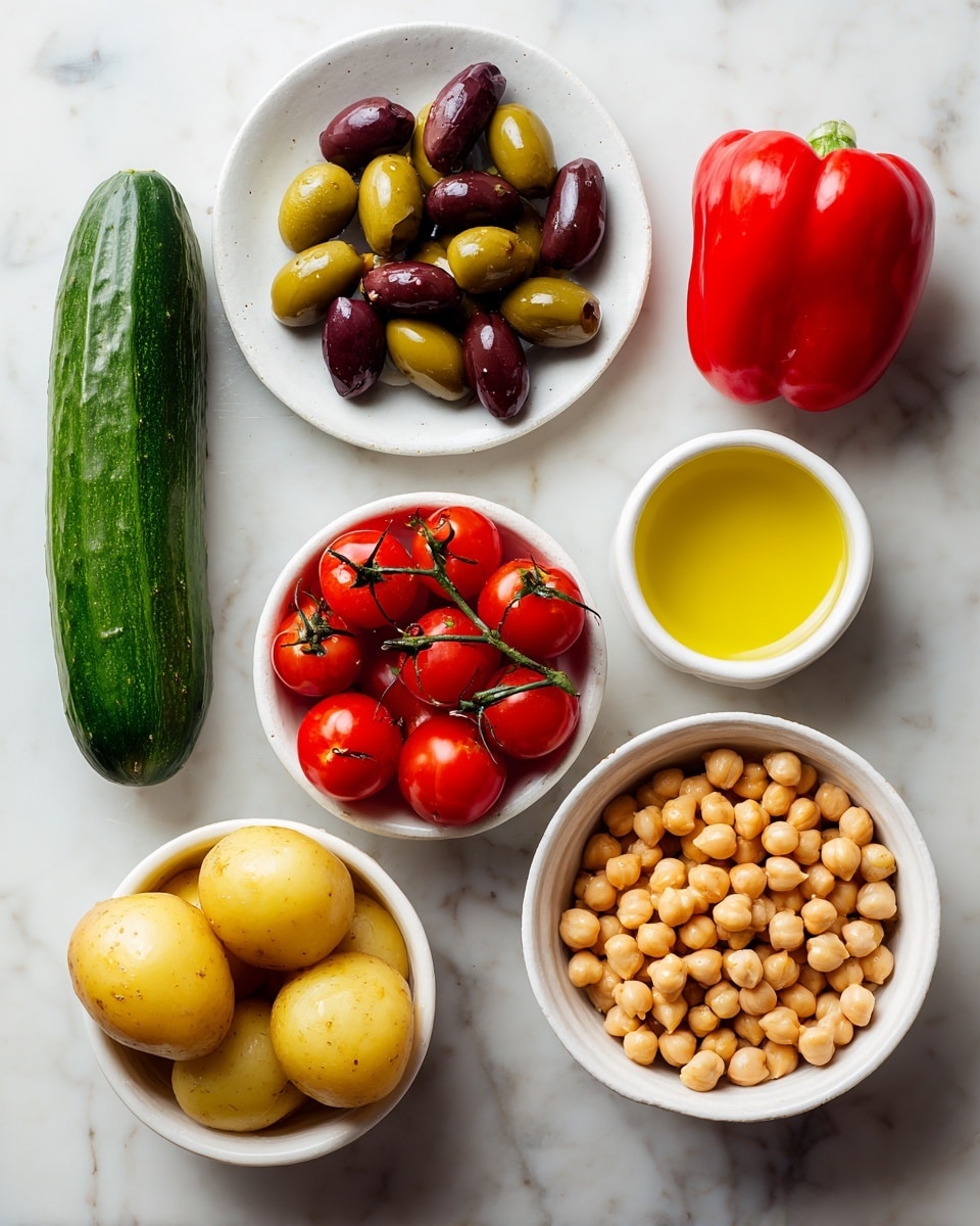 The image shows seven ingredients arranged on a white marbled surface: a whole green cucumber at the top left, a white plate with dark purple kalamata olives to the right, a red bell pepper below the cucumber, a small white bowl of golden olive oil above the bell pepper, a white bowl filled with shiny red cherry tomatoes on the vine to the right of the olive oil, a white bowl full of smooth yellow baby potatoes below the bell pepper, and a white bowl with light brown chickpeas at the bottom right. Each ingredient is clearly visible with simple lighting, showing their natural colors and textures. Photo taken with an iphone --ar 4:5 --v 7