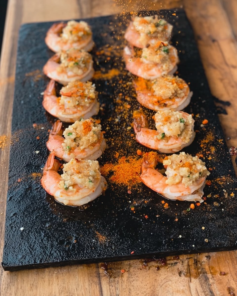Two rows of open shrimp laying flat on a black cooking stone are topped with round, beige dollops of a crumbly-looking mixture dotted with small green and orange bits. The shrimp are pink and translucent with a slightly curled shape, and the dollops cover the middle part of each shrimp, leaving the tails exposed. A vibrant orange spice is being sprinkled from above over one row of the shrimp. The cooking stone has some scattered spices and crumbs around the food, and the setup rests on a wood surface with a warm, varied grain. photo taken with an iphone --ar 4:5 --v 7