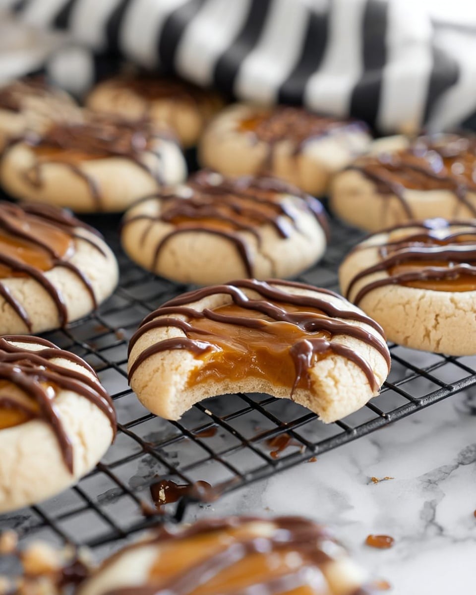 The image shows a group of light-colored round cookies arranged closely on a black cooling rack over a white marbled surface. Each cookie has three layers: a bottom soft cookie base, a smooth caramel circle in the center, and thin diagonal lines of dark chocolate drizzled evenly across the top. One cookie in the middle has a bite taken out, revealing its soft inside and more chocolate drizzle underneath. A striped black and white cloth is partially visible in the background. Photo taken with an iphone --ar 4:5 --v 7