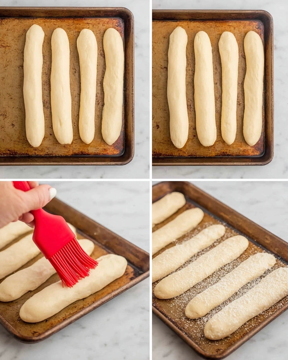 The image is split into four close-up shots showing the preparation of long bread sticks on a baking tray. The top left and top right panels display seven smooth, pale dough sticks arranged in two neat rows on a brown baking tray with a worn surface. The dough has a soft texture and light off-white color. The bottom left panel shows a woman's hand holding a red silicone brush applying a glaze on the dough sticks, making the surface a bit shiny. The bottom right panel reveals the bread sticks sprinkled with minimal white grains, likely a topping like grated cheese or salt, adding texture on top. The entire scene is set on a white marbled surface. Photo taken with an iphone --ar 4:5 --v 7