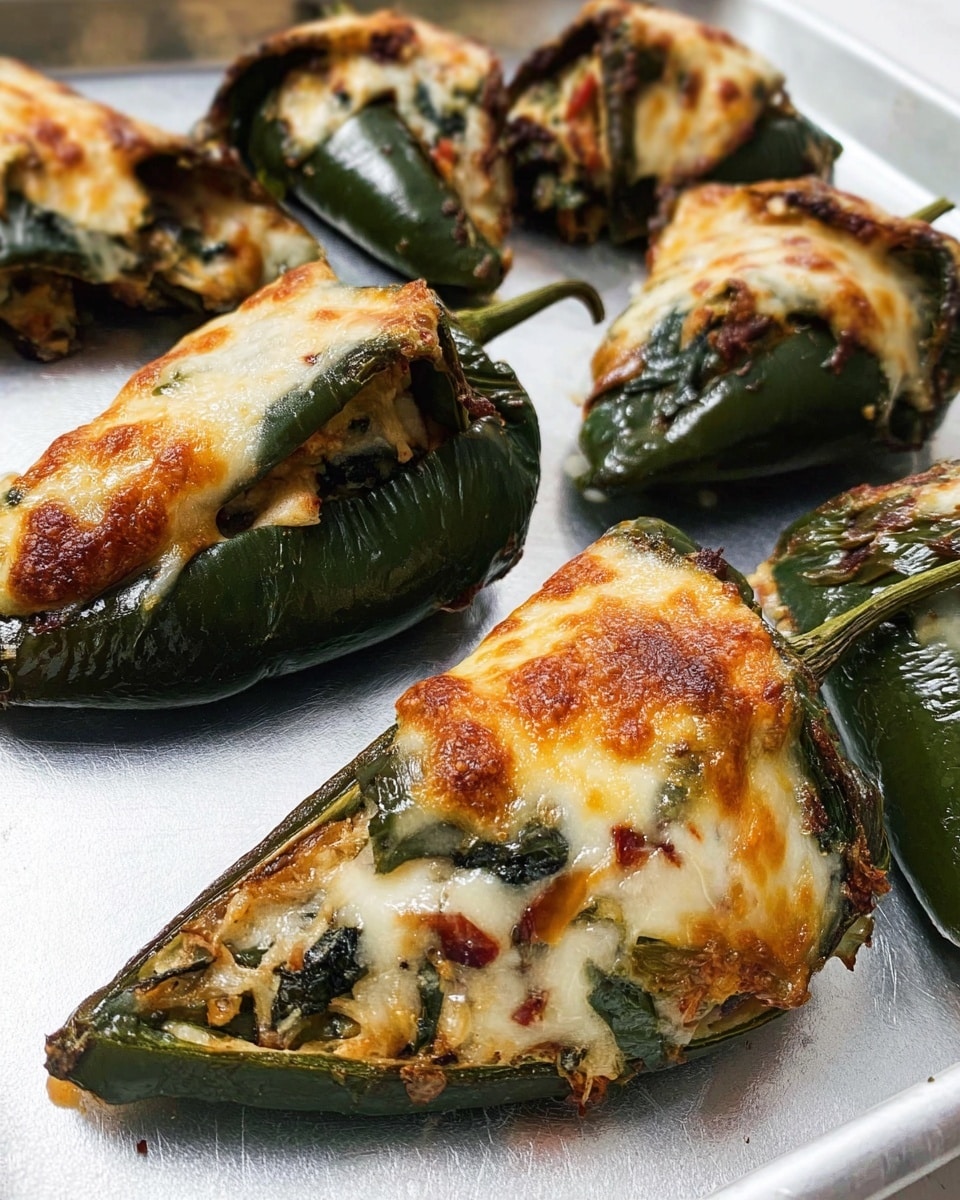 The image shows several dark green poblano peppers lying on a shiny white tray with a white marbled texture background. Each pepper is stuffed and folded into a pouch shape with a creamy, slightly browned melted cheese topping the filling, visible through the opened tops. The filling appears textured with bits of herbs and small pieces of red and white ingredients. The peppers have a roasted, slightly wrinkled skin with some charred spots, and the cheese is melted unevenly over the filling. The peppers are arranged closely together, filling most of the tray space. Photo taken with an iphone --ar 4:5 --v 7