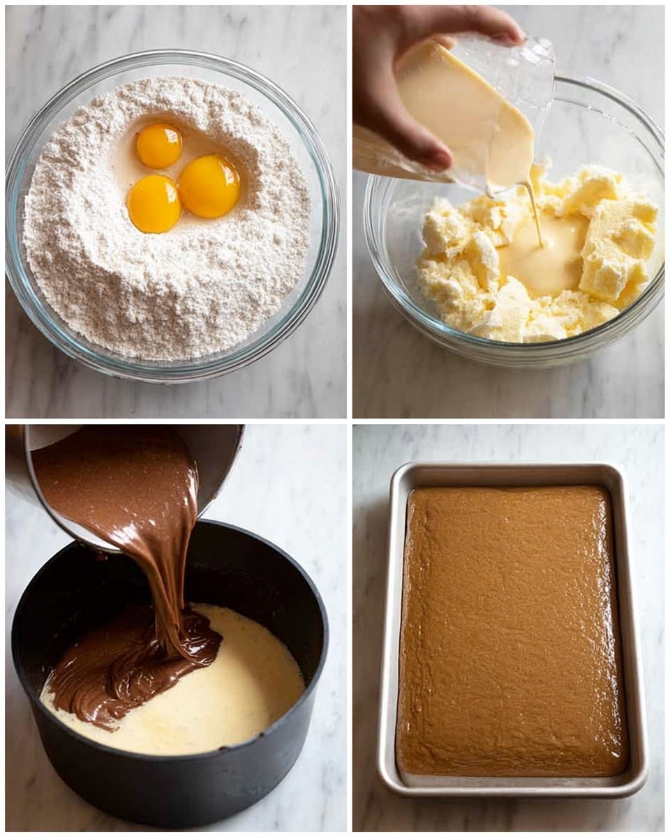 The image shows four panels of a baking process on a white marbled surface. The top left panel features two clear glass bowls: one filled with white flour, and the smaller one with two egg yolks, white creamy mixture, and vanilla. The top right panel captures a woman's hand pouring a pale batter from a clear container into the center of the flour bowl, forming a small mound of liquid. The bottom left panel shows a chocolate batter being poured from a black pot into a bowl containing a pale batter, creating a contrast between the thick light and dark mixtures. The bottom right panel displays an even, smooth, brown batter spread out flat in a silver baking tray. Photo taken with an iphone --ar 4:5 --v 7