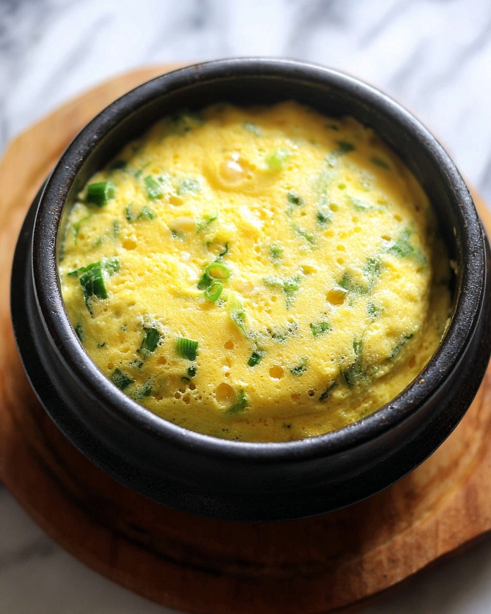 The dish is a fluffy, steamed egg custard presented in a black bowl. It has a soft, light yellow texture with many small bubbles on the surface. The top layer is mixed with chopped green onions scattered evenly, adding a bright green color contrast against the yellow egg. The custard fills the bowl fully, slightly rounded on top. The bowl is placed on a wooden board with a white marbled background. Nearby is a white bowl filled with white rice. The lighting highlights the soft texture of the egg, showing its smooth and airy surface. photo taken with an iphone --ar 4:5 --v 7