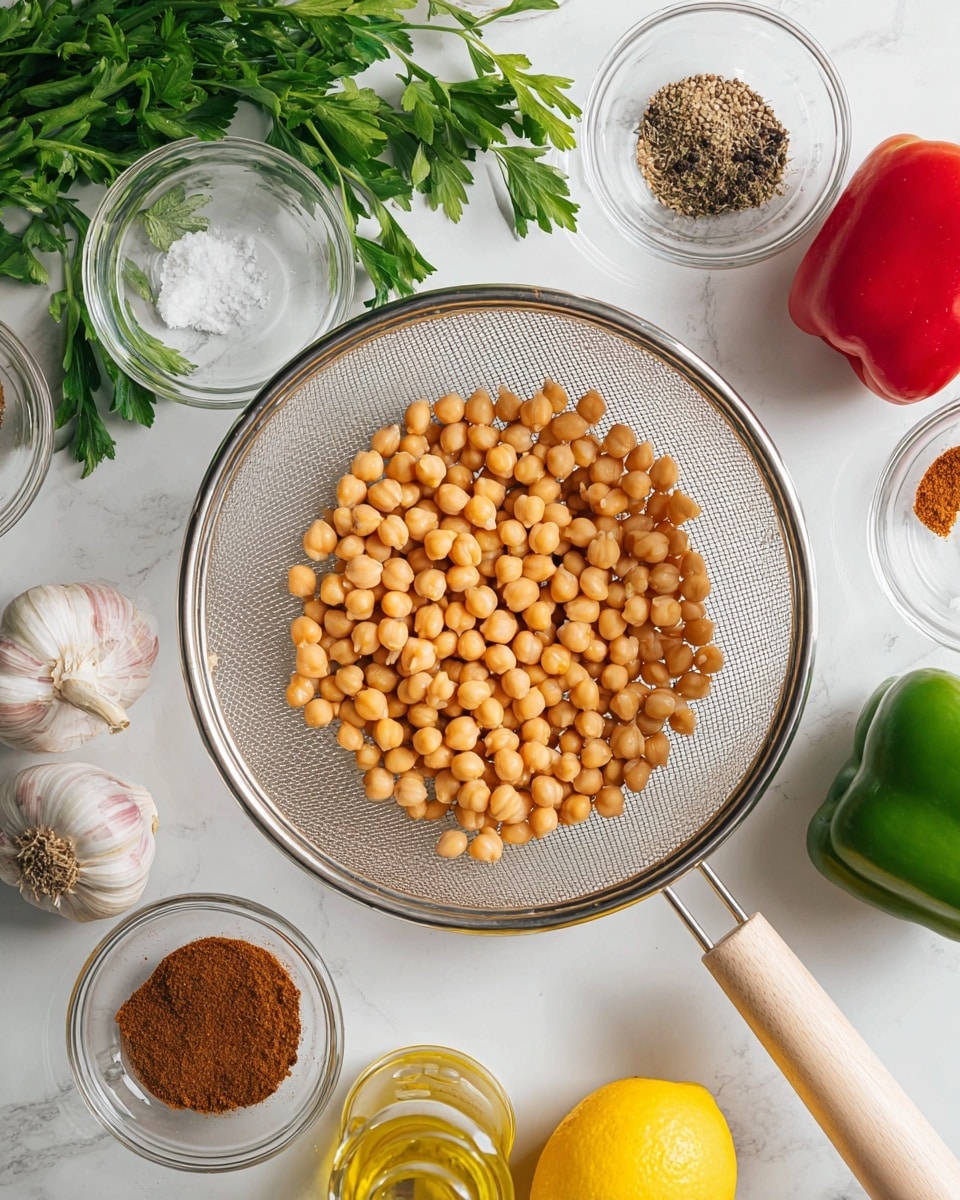 A round metal strainer with a white wooden handle holds a single layer of light brown chickpeas, evenly spread across the mesh. The strainer is resting on a clear glass bowl, surrounded by small glass bowls filled with various spices in shades of dark brown, red, black, and white. Fresh green parsley leaves hang down from the top left corner, while a whole garlic bulb, a red bell pepper, and a green bell pepper are placed on the white marbled surface around the strainer. A bright yellow lemon and a glass bottle of light yellow oil sit near the bottom of the image. The overall setting is bright and clean, with soft natural light illuminating the scene. photo taken with an iphone --ar 4:5 --v 7