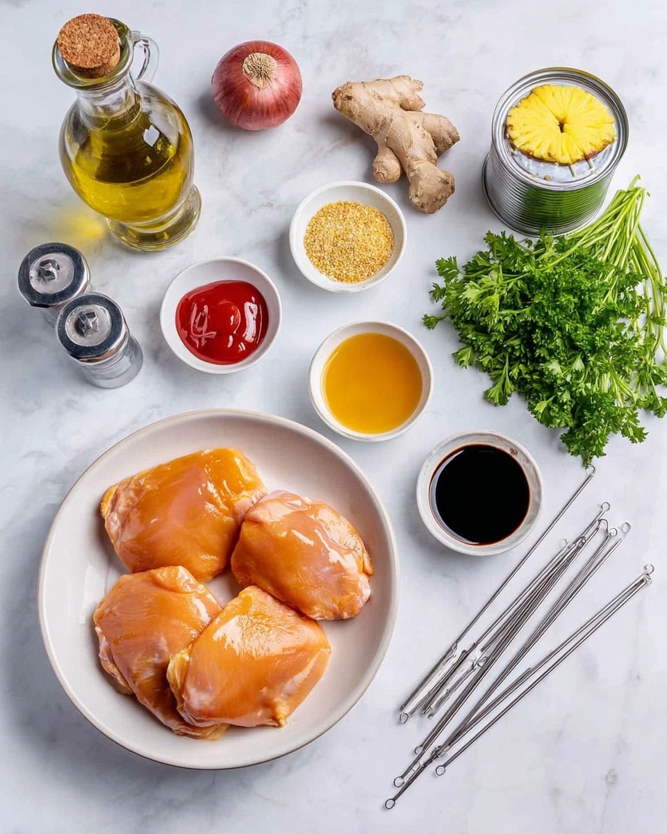 A white bowl filled with three raw golden-orange chicken pieces sits on a white marbled surface. Around it are small white bowls and plates containing colorful ingredients: bright red ketchup, dark glossy soy sauce, grainy yellow mustard, a smooth orange sauce, and a pale yellow liquid. Nearby are a bunch of fresh green parsley, a few whole shallots with a purple tint, a piece of light brown ginger, a glass bottle of olive oil with a cork top, two silver salt and pepper shakers, a few silver metal skewers, and an open can with a bright yellow pineapple ring visible inside. The whole setup is neat and bright with a clean white marbled background photo taken with an iphone --ar 4:5 --v 7