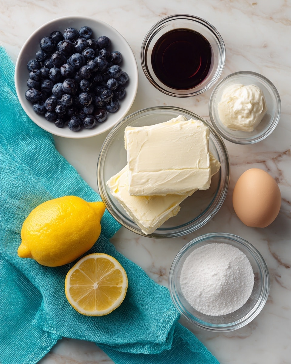 The image shows ingredients arranged on a white marbled surface. In the center, a clear glass bowl holds two thick blocks of soft, white cream cheese. Above it, a small clear bowl contains dark brown vanilla liquid. To the left, a white bowl is filled with shiny, round, deep blue blueberries. Below the cream cheese bowl, there is a whole bright yellow lemon and a lemon half showing the juicy inside. To the right of the lemons, a clear bowl is filled with fine white sugar. An uncracked light brown egg sits near the sugar bowl. A teal cloth with visible stitching is placed in the upper right corner. photo taken with an iphone --ar 4:5 --v 7