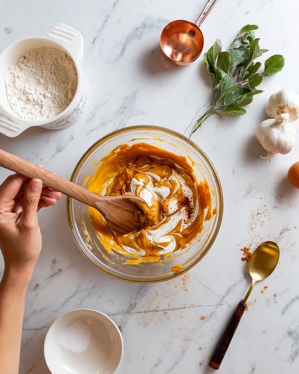 A clear glass bowl sits on a white marbled surface filled with layers of thick orange sauce, white cream, and sprinkled brown spices. A woman's hand is stirring the mixture with a wooden spatula inside the bowl. To the left, there is a white measuring cup filled with flour resting beside a small bunch of green leafy herbs. Above the bowl, there are garlic cloves, an empty copper measuring spoon, and an eggshell. To the right, a white small bowl with some flour remnants sits next to a small spoon with a dark wooden handle and golden tip. Photo taken with an iphone --ar 4:5 --v 7