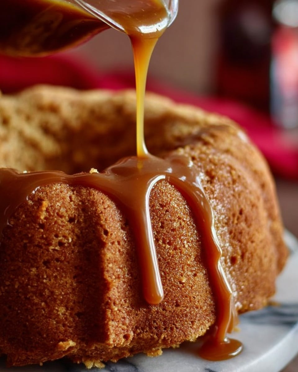 A close-up view shows a golden brown bundt cake with a rough, crumbly texture and small holes spread across its surface. Thick, shiny caramel sauce is being poured slowly from a glass pitcher above, flowing over the cake in a smooth, glossy ribbon that catches the light. The background is softly blurred with hints of red and white, enhancing the focus on the cake, while the cake sits on a white marbled surface. photo taken with an iphone --ar 4:5 --v 7