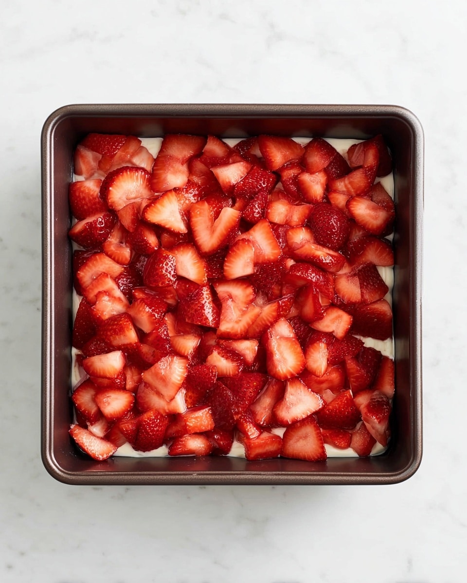 A square dark metal baking pan filled with a layer of sliced strawberries. The strawberries are bright red with some light pink tones, cut into medium-sized pieces and spread closely together, covering a white creamy layer just beneath them. The pan is placed on a white marbled surface. Photo taken with an iphone --ar 4:5 --v 7