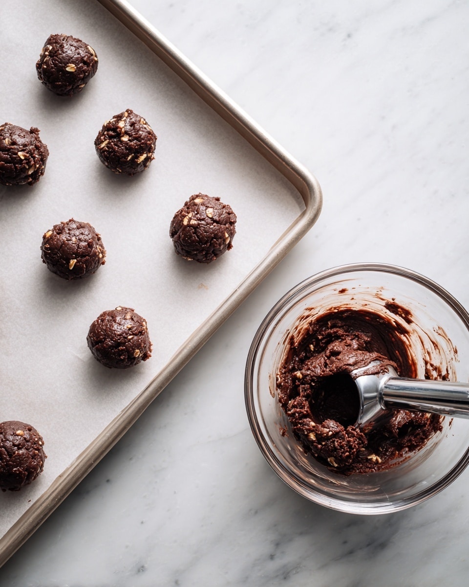 In the image, there is a white parchment paper on a metal baking sheet with eight uneven round dollops of dark brown chocolate cookie dough spaced out evenly. To the right, a clear glass bowl contains more of the same chocolate dough with visible small pieces inside, probably nuts or oats, and a metal ice cream scoop resting in the bowl with batter stuck on it. The surface underneath everything is a white marbled texture. photo taken with an iphone --ar 4:5 --v 7