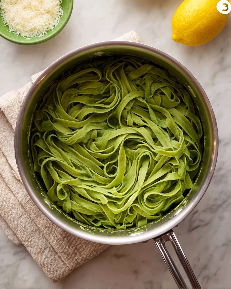 Inside a silver pot, there is a thick layer of green pasta noodles that have a smooth, creamy texture. The noodles are long and flat, tightly twisted and spread evenly inside the pot. The pot sits on a beige cloth on a white marbled surface. Above the pot, a green bowl and a yellow lemon are placed on the white marbled surface. Below the pot, a white bowl with grated cheese is partially visible. Photo taken with an iphone --ar 4:5 --v 7