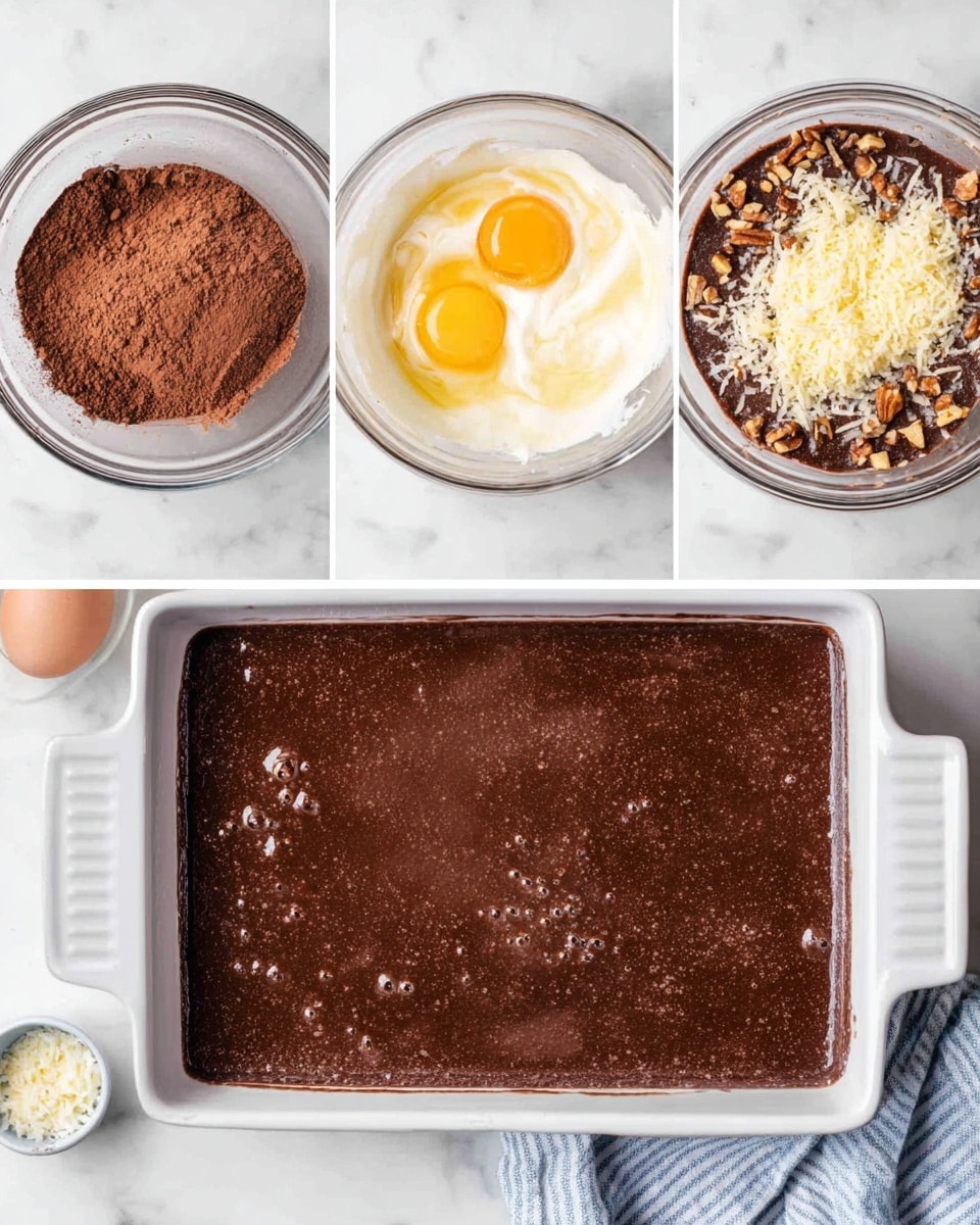 The image shows three steps of making a chocolate cake batter, placed side by side on a white marbled surface. The first part shows a clear glass bowl containing unmixed ingredients: cocoa powder, three raw eggs, oil, and some light brown liquid. Behind the bowl are two other clear bowls - one with a white creamy mixture and the other with chopped nuts and shredded coconut. The second part shows the glass bowl again, now filled with smooth, dark chocolate batter with tiny bubbles on the surface. The last part shows a white rectangular baking dish filled with the same chocolate batter, ready to bake, with the ceramic handles visible on both sides and a blue and white striped cloth partly under it. photo taken with an iphone --ar 4:5 --v 7