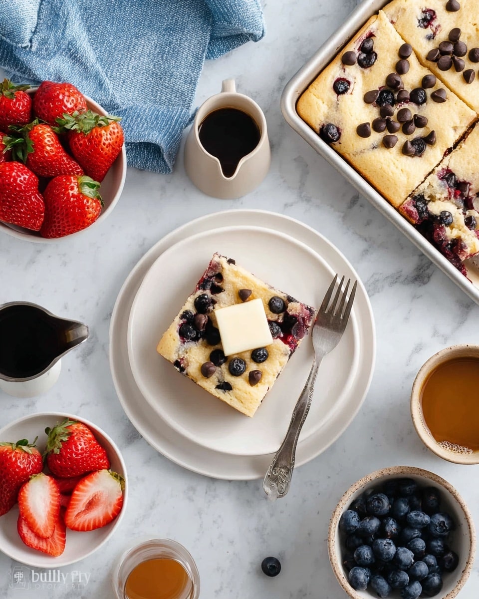 A white plate holds a square piece of light yellow cake topped with many dark blueberries, with a small square of butter placed on top. A silver fork rests on the plate next to the cake. Nearby on a white marbled surface, there is a small white bowl filled with fresh red strawberries, some whole and some sliced in half showing their red inside. Next to it is another small white bowl filled with dark blueberries. A rectangular baking pan on the right side holds more light yellow cake topped with halved strawberries and dark chocolate chips arranged in a corner. Two small glasses of dark coffee and a small metal pitcher with syrup are placed near the cake. The setting is bright with a piece of blue cloth visible in the upper left corner. photo taken with an iphone --ar 4:5 --v 7